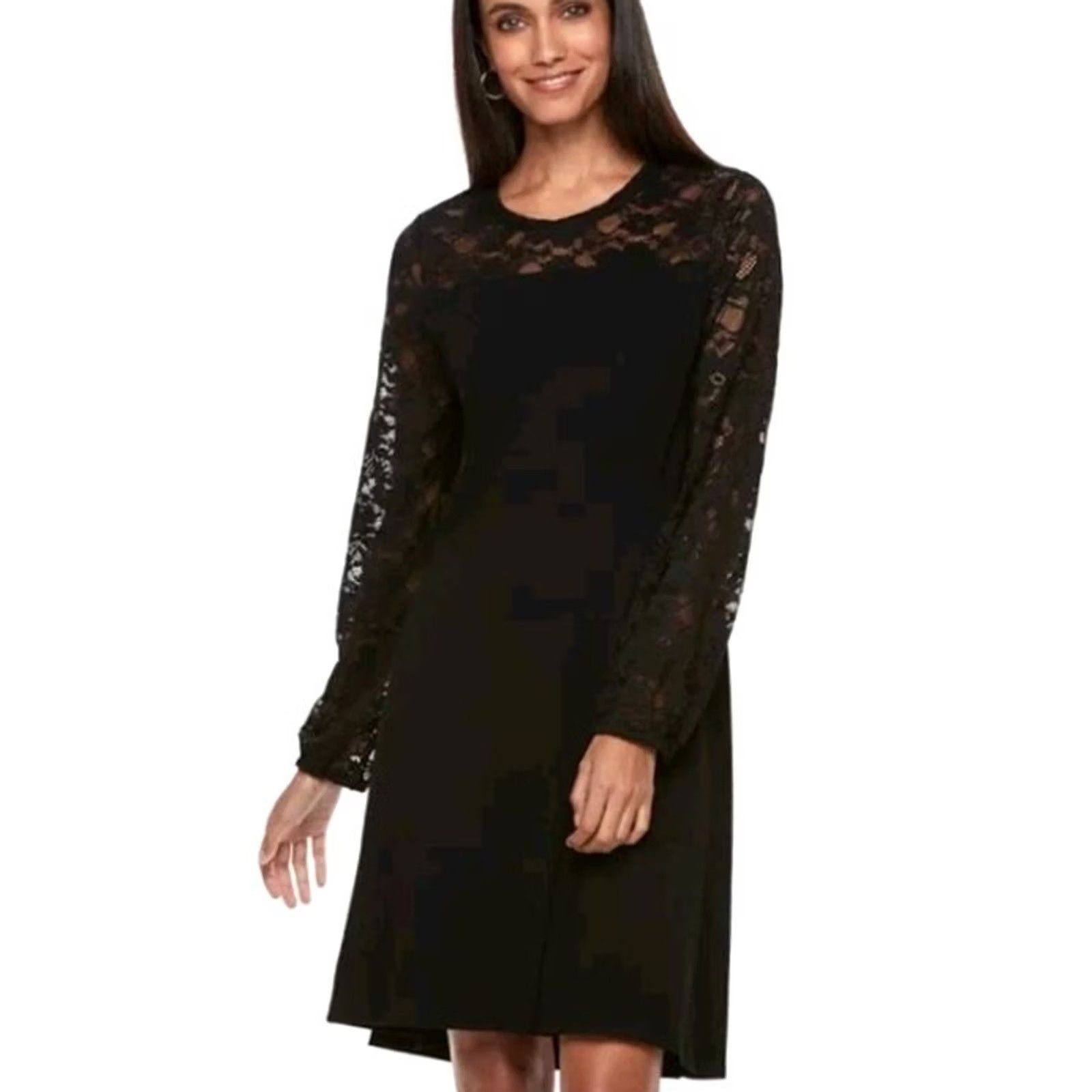 Apt. 9 Apt. 9 Black Lace Yoke A-Line Dress Women L Long Sleeve High Neck Zip Solid Dress Size L / US 10 / IT 46 - 2 Thumbnail