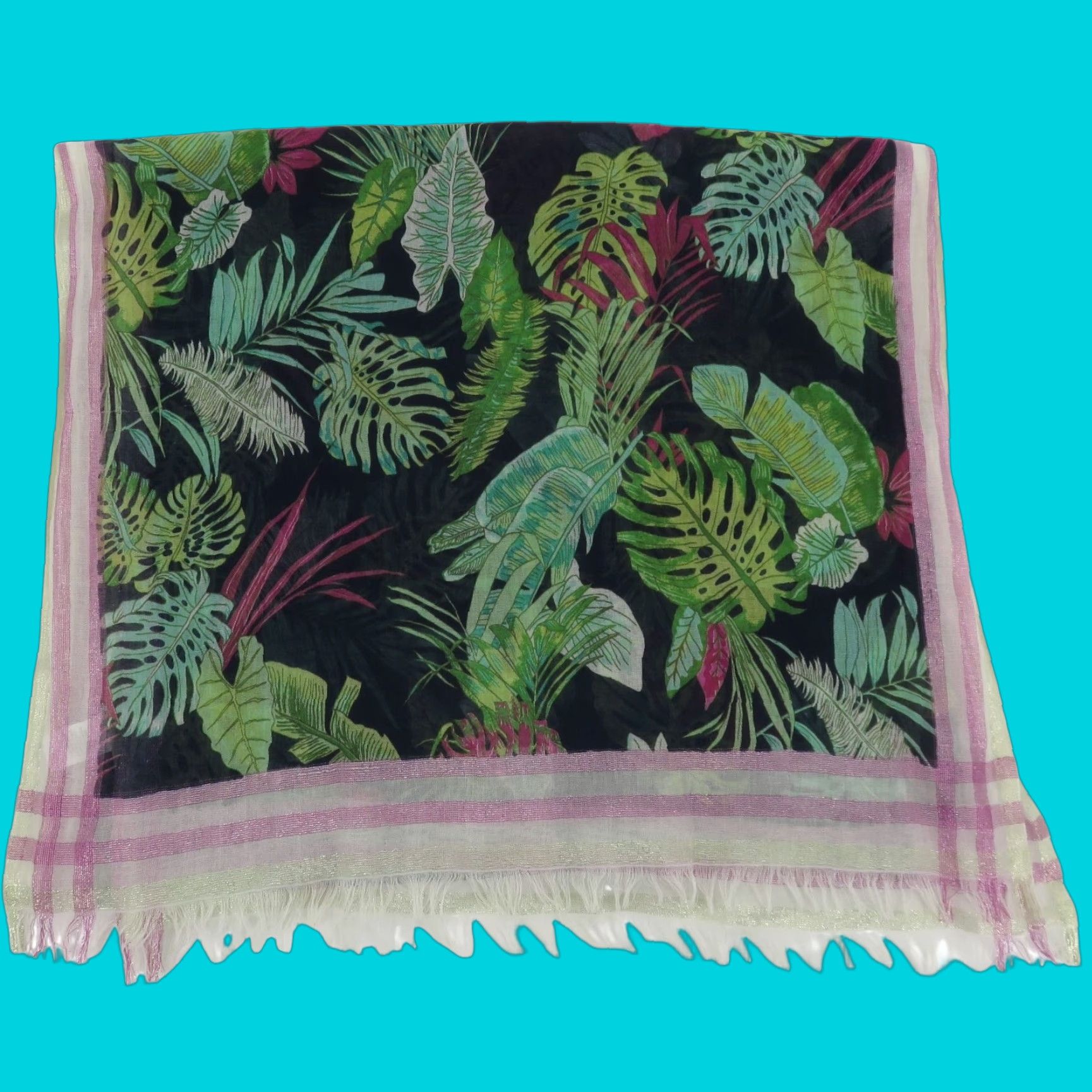 J. Jill J Jill Multicolor Tropical Leaf Rectangle Scarf Cotton Blend Womens Scarf Floral Pattern Tropical Fall Summer Winter 75" Fringe Size ONE SIZE - 1 Thumbnail