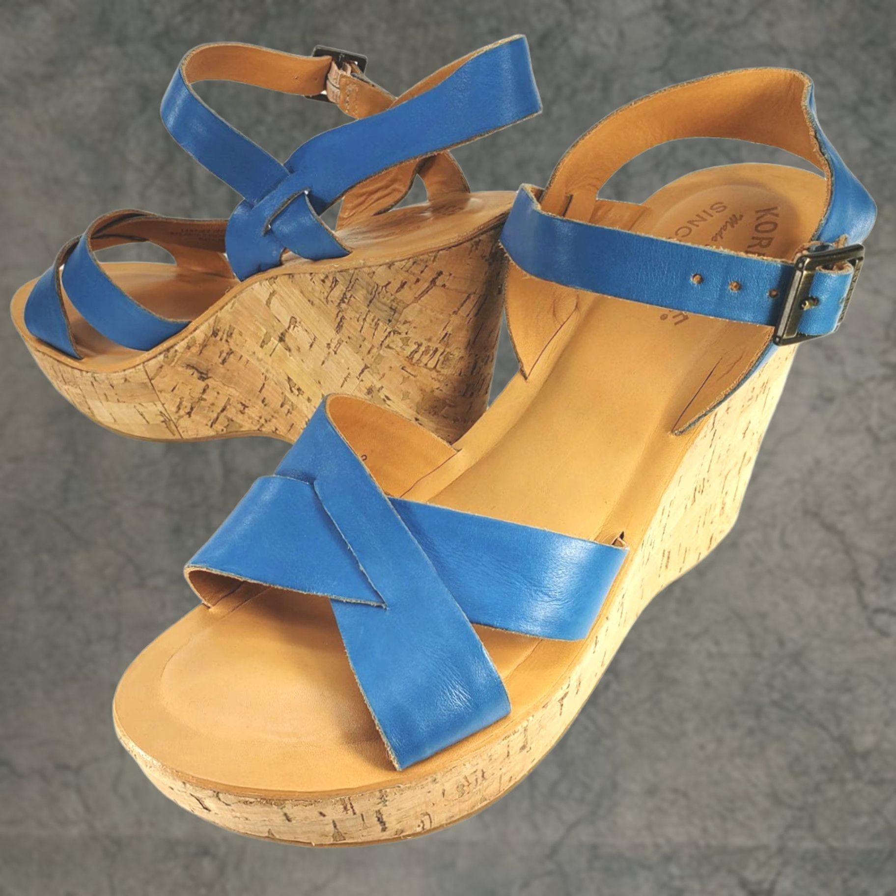 Vintage VINTAGE Kork-Ease Sandal Women’s 9 Blue Leather Crossover Slingback Cork Wedge Size US 9 / IT 39 - 1 Thumbnail