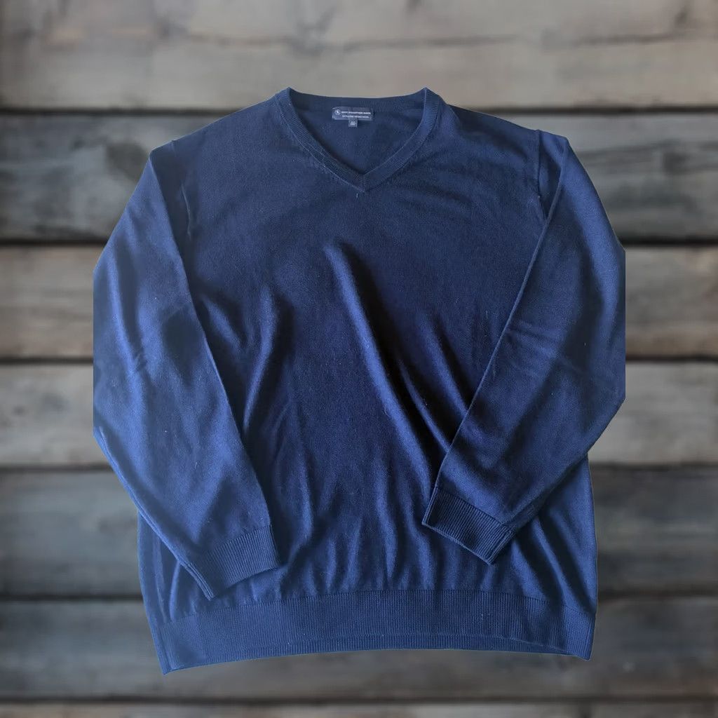 Hart Schaffner Marx Hart Schaffner Marx Sweater V-Neck Men 2XT Navy Wool Extra Fine Merino Pullover Long Sleeve Solid Knit Classic Luxury Big & Tall Size US XXL / EU 58 / 5 - 1 Thumbnail