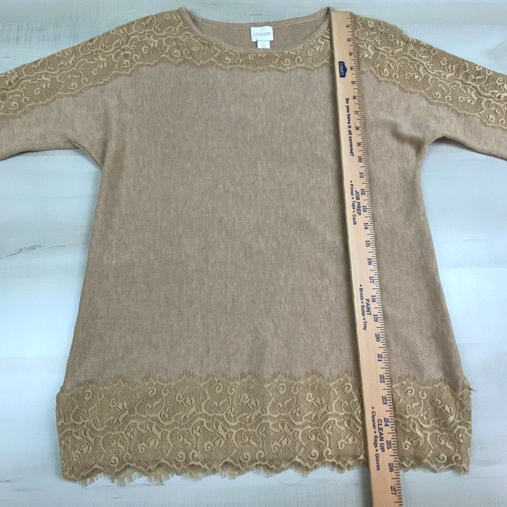 Vintage Chico's Womens Tan Sweater Pullover Lace Edges 3/4 Sleeves Size 0 Beige Ladies Size S / US 4 / IT 40 - 6 Thumbnail