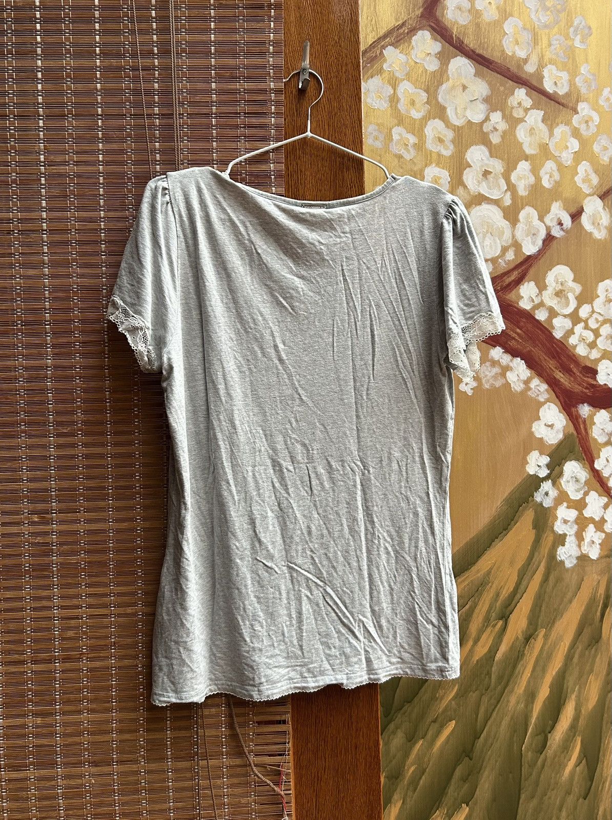 Vintage Vive Maria Lace Trim V-Neck Tee Top Gray Short Sleeve Size L / US 10 / IT 46 - 2 Thumbnail