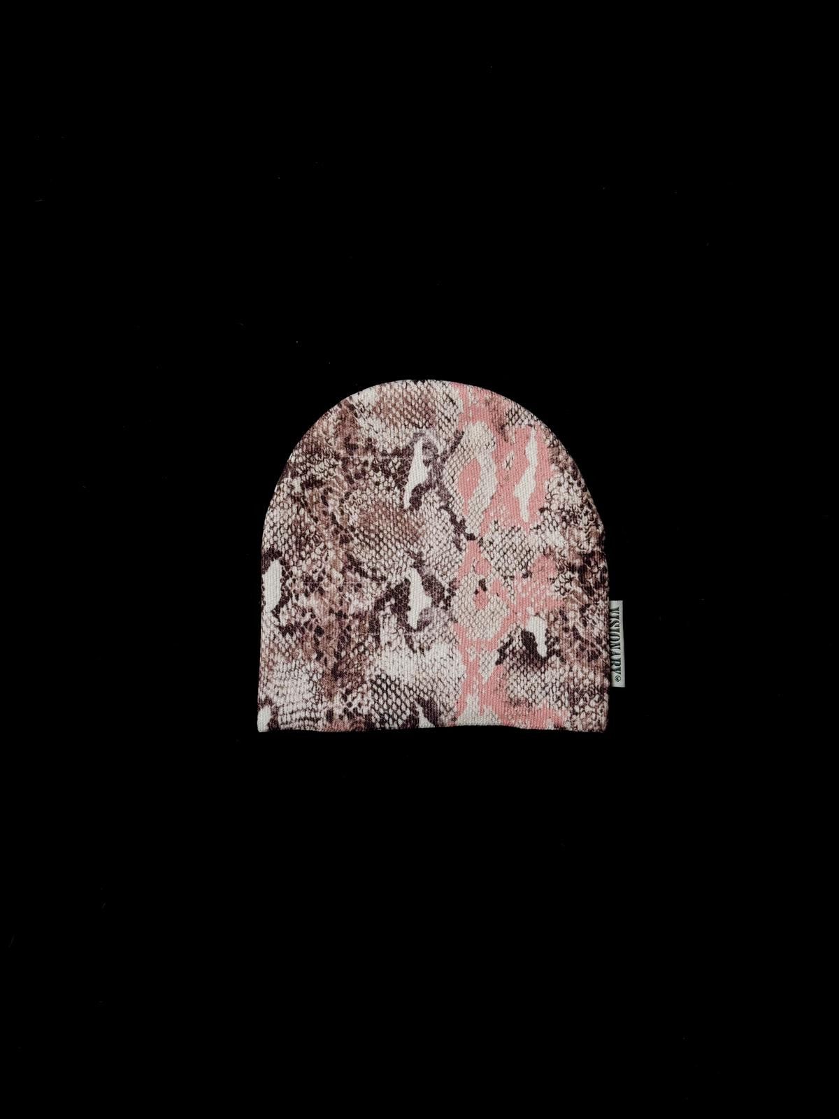 Japanese Brand Visionary’s Snakeskin Print No Cuff Knit Pink Beanie Hat OS Size ONE SIZE - 1 Thumbnail