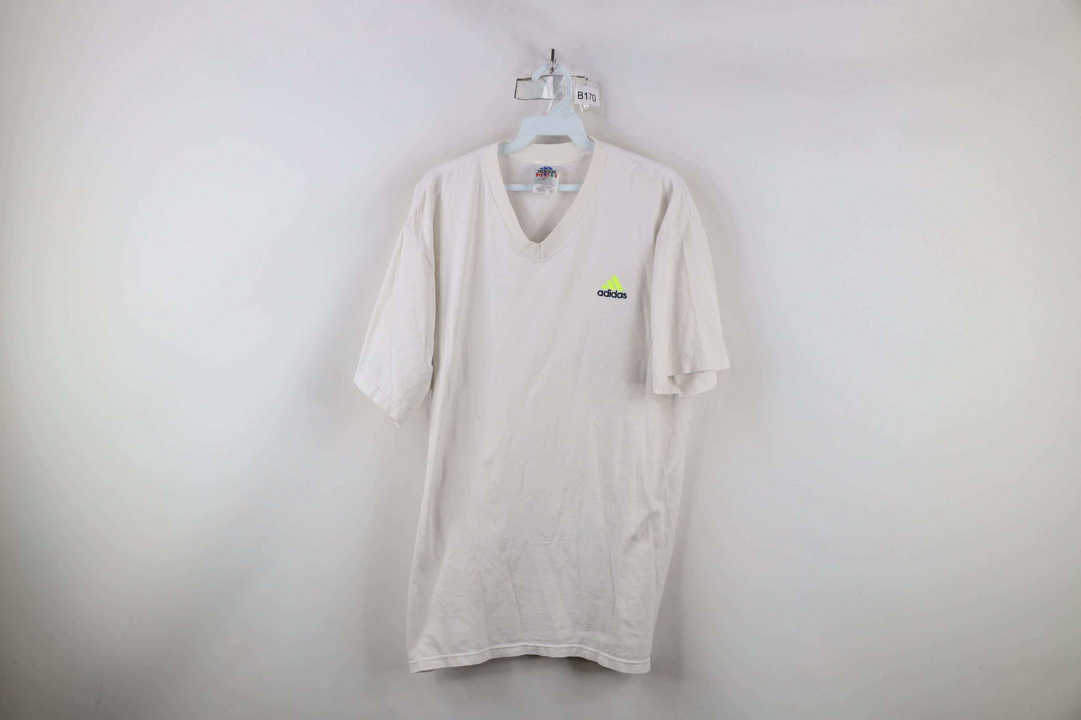 Adidas × Vintage Vintage 90s Adidas Spell Out V-Neck T-Shirt White USA Size US L / EU 52-54 / 3 - 1 Thumbnail