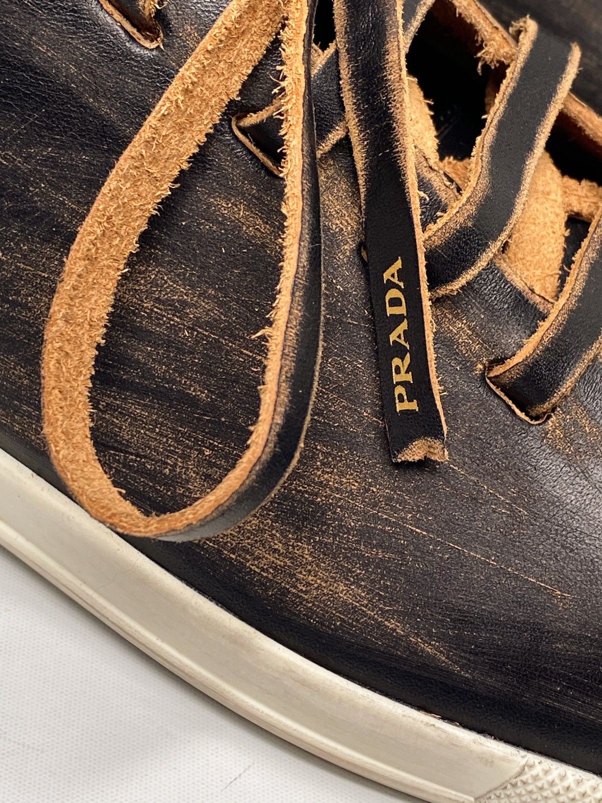 Prada Prada Distressed Low-Top Leather Sneakers size 38.5 Size US 8.5 / IT 38.5 - 11 Thumbnail