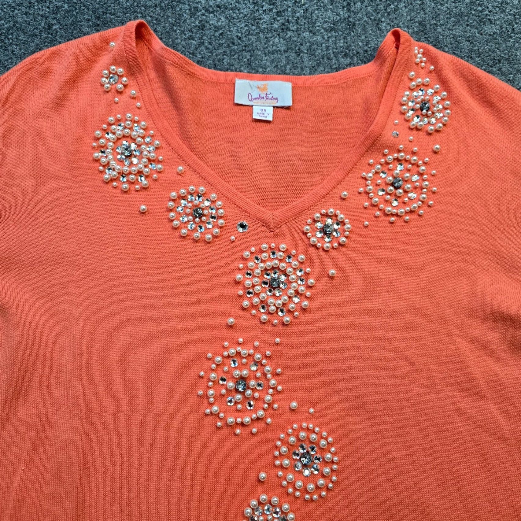 Quacker Factory Quacker Factory Sweater Women Size 3X Orange Beaded Rhinestones Pearl Knit V-Neck Pullover Casual Knitwear Size XXL / US 16-18 / IT 52-54 - 2 Thumbnail