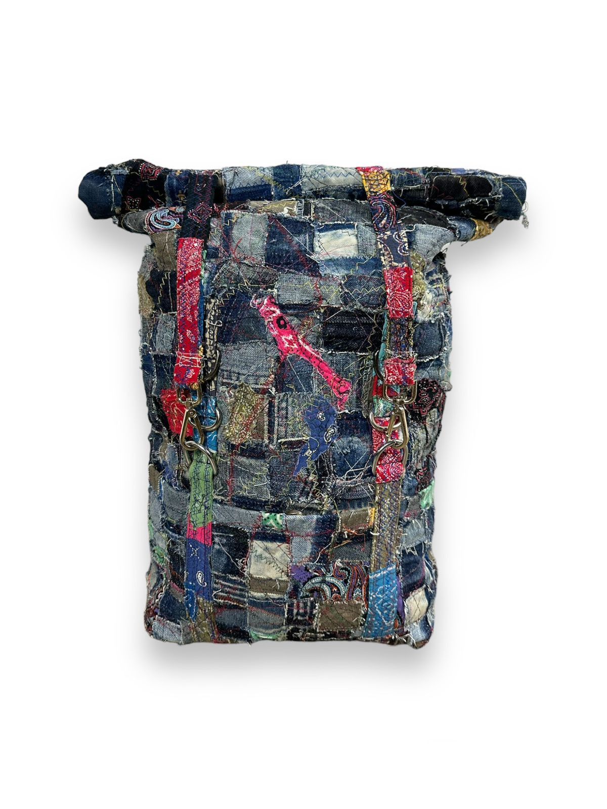 Custom Made Denim Paisley Patchwork Roll Top Backpack