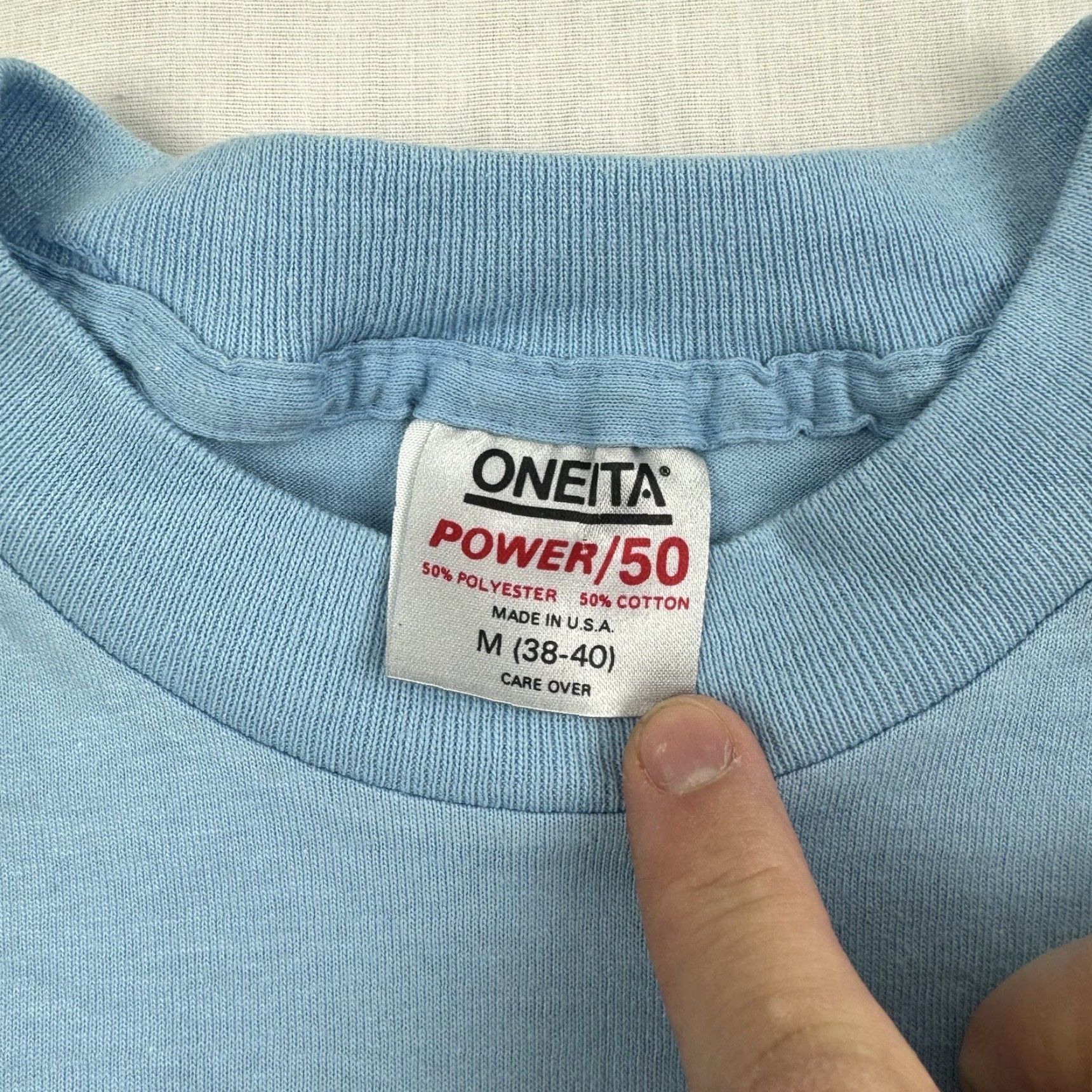 Vintage VINTAGE Oneita T-Shirt Blue 80s Funny Crew Neck Adult Medium Men - 50 Years Old, Short Sleeve, Graphic Tee Size US M / EU 48-50 / 2 - 4 Thumbnail