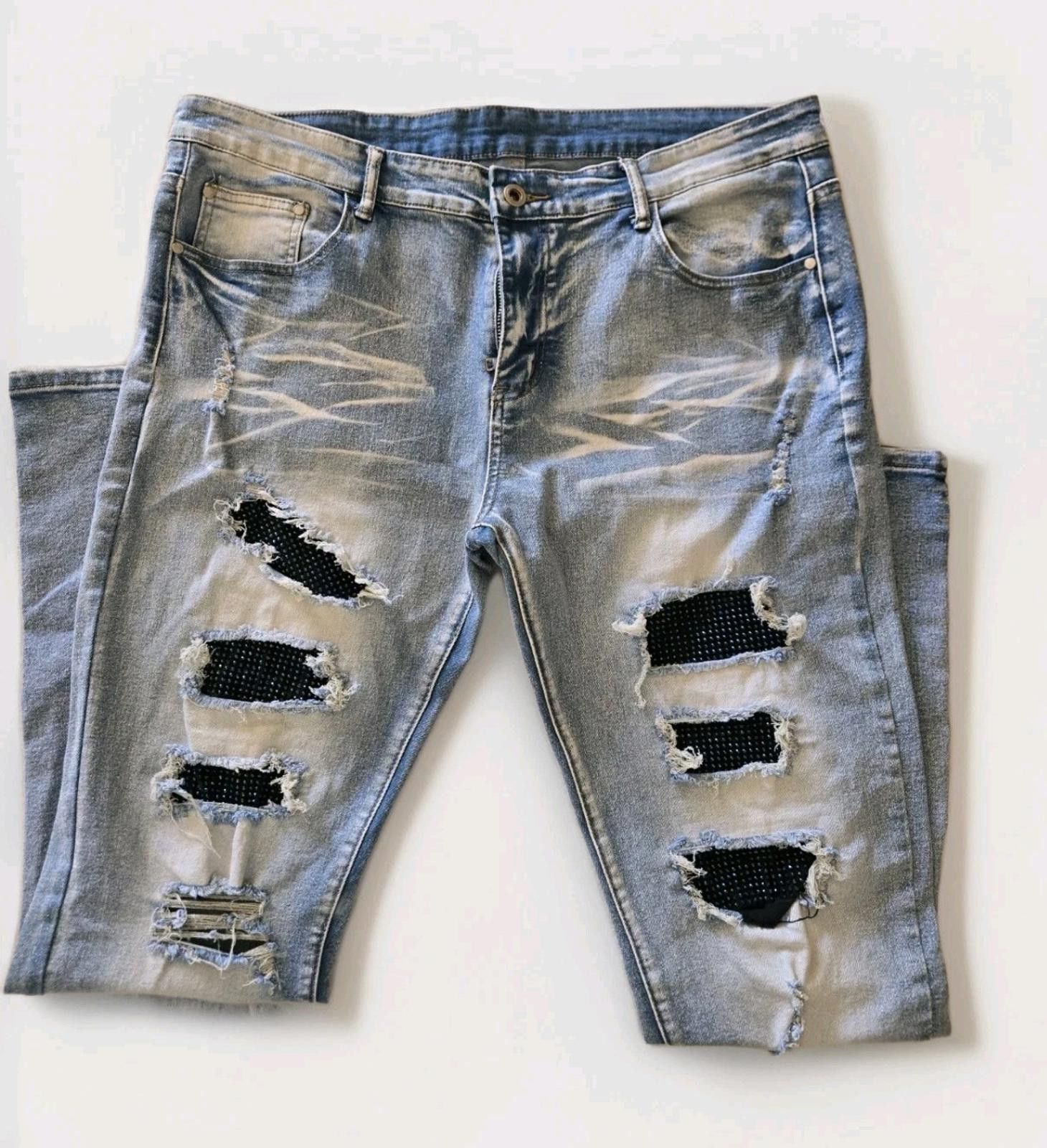 Jean Upcycled Handmade Patchwork Sequins Jeans 36x32 Embellished Size US 36 / EU 52 - 1 Thumbnail
