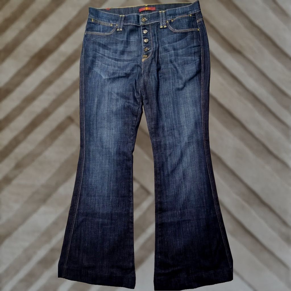 7 For All Mankind 7 FOR ALL MANKIND Women 29 Button Fly Flared Denim Jeans Blue EUC Stretch 30 Inseam, Regular, 6-Pocket, Cotton Spandex, USA Made, Midwest Vintage: No Size 29" - 1 Thumbnail