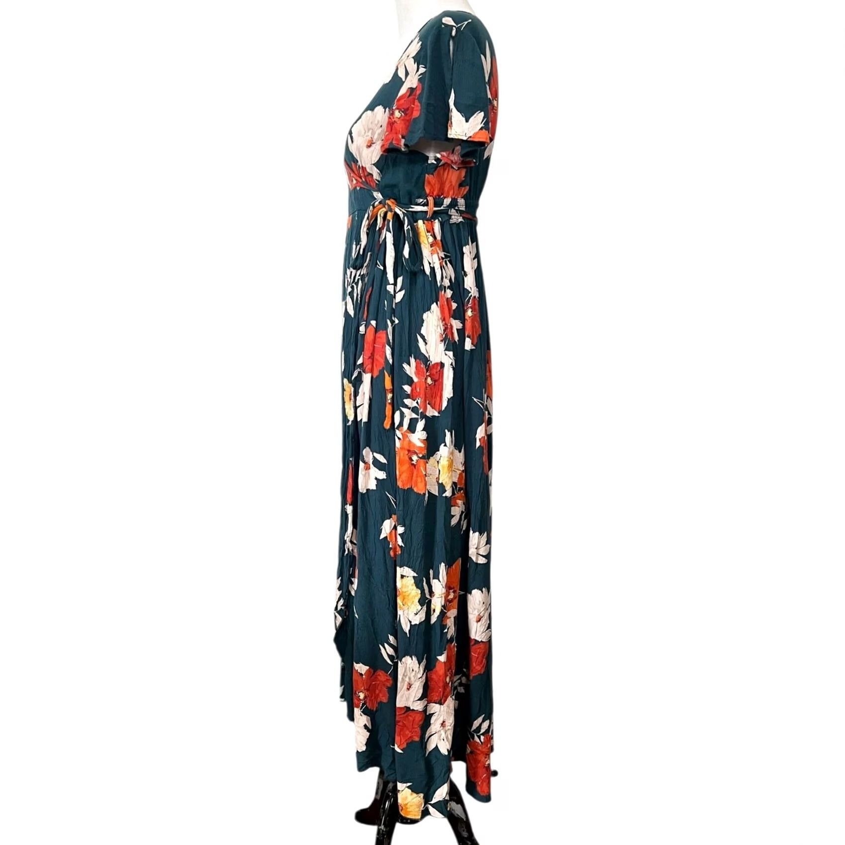 Pinko Patrons of Peace Dress Floral Maxi Faux Wrap Green Pink Short Sleeve V-Neck Sz M Size 32" / US 10 / IT 46 - 5 Thumbnail