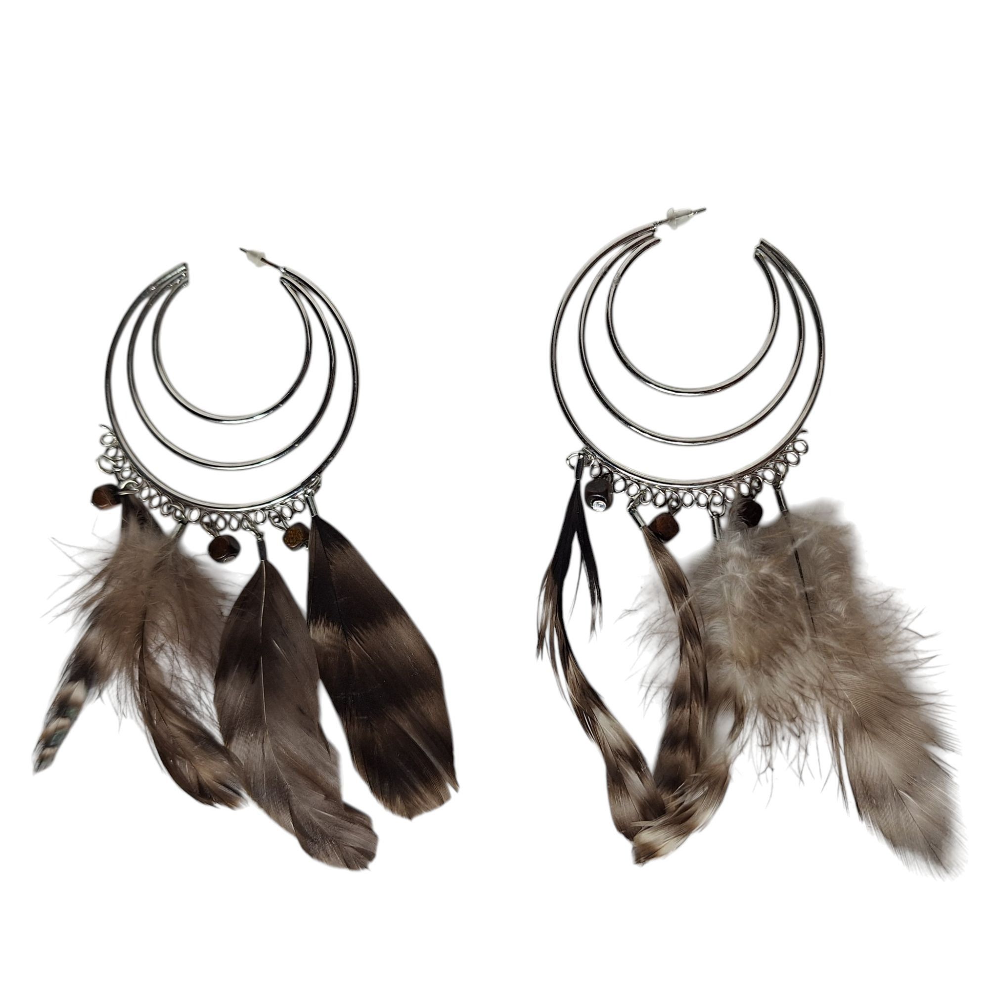 Other Silver Tone Triple Hoop Feather Dangle Earrings Whimsigoth B Size ONE SIZE - 2 Thumbnail