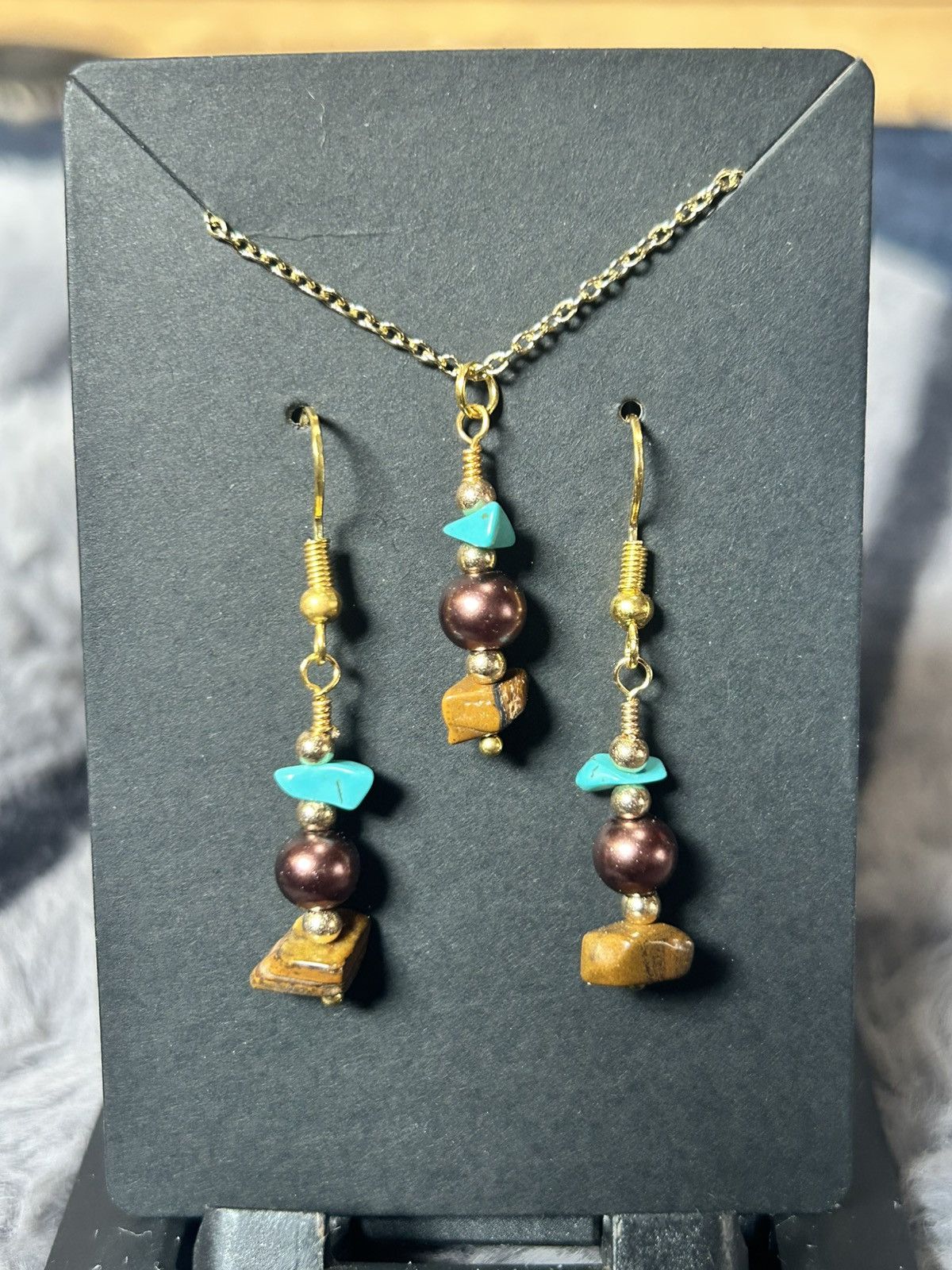 Handmade Handcrafted turquoise tigers eye Czech glass pearl set Size ONE SIZE - 2 Thumbnail