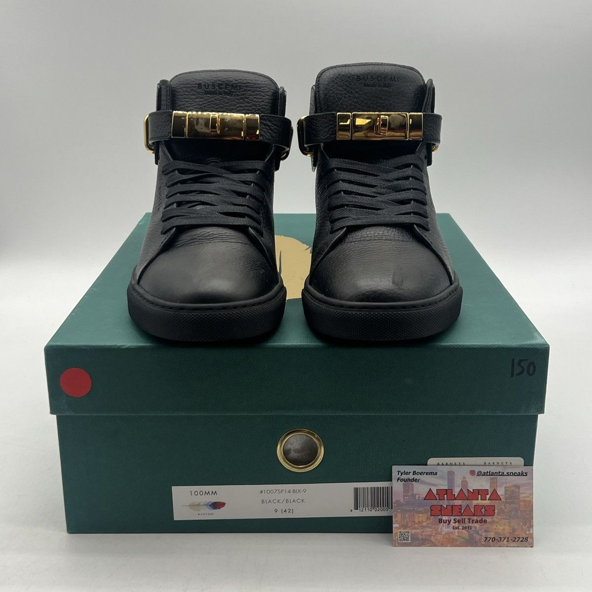Barneys New York Buscemi 100MM Mid Top Sneakers Black Leather Gold Trainers Size US 9 / EU 42 - 2 Thumbnail