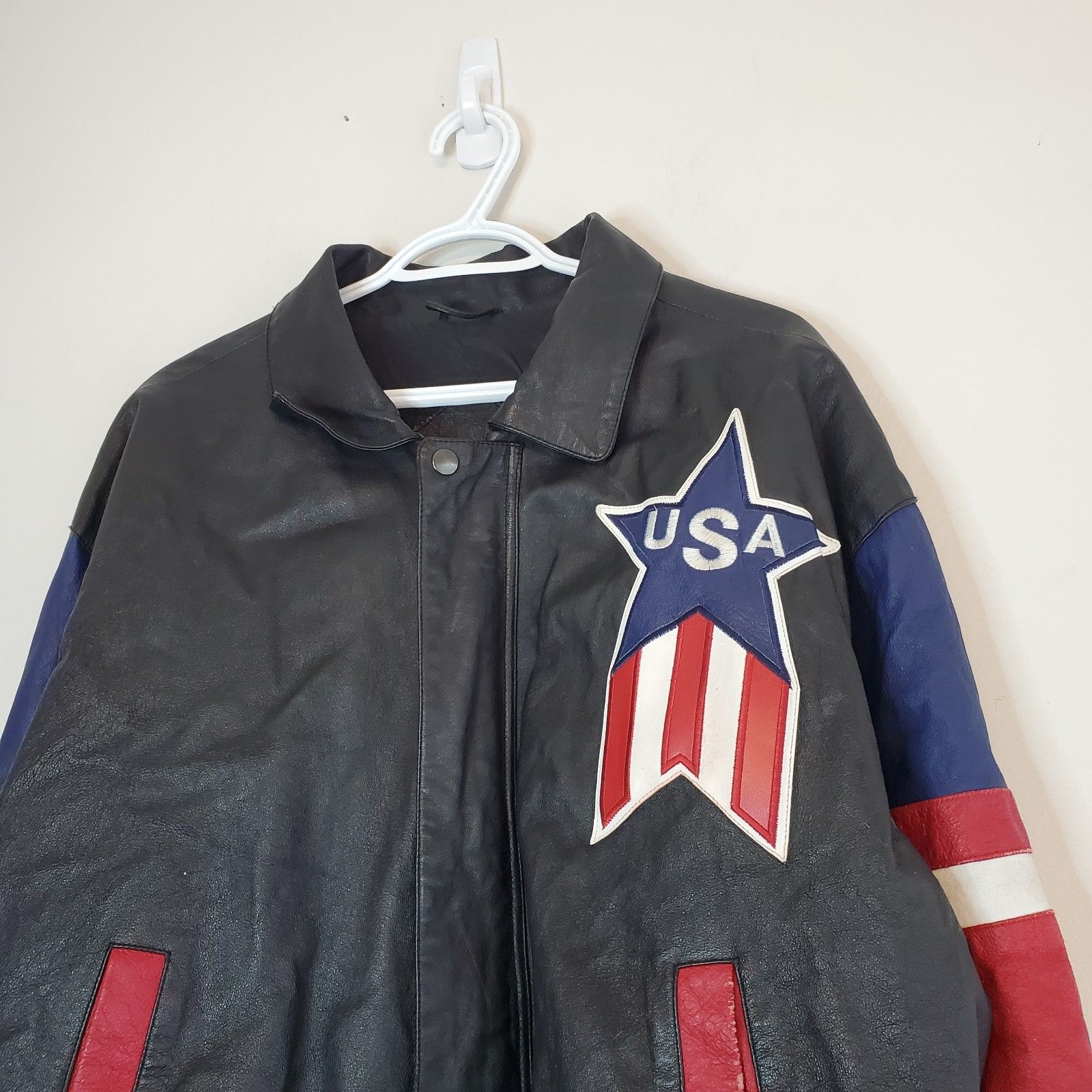 Vintage Vintage 90s USA Flag Leather Bomber Jacket Black Size XL Size US XL / EU 56 / 4 - 3 Thumbnail
