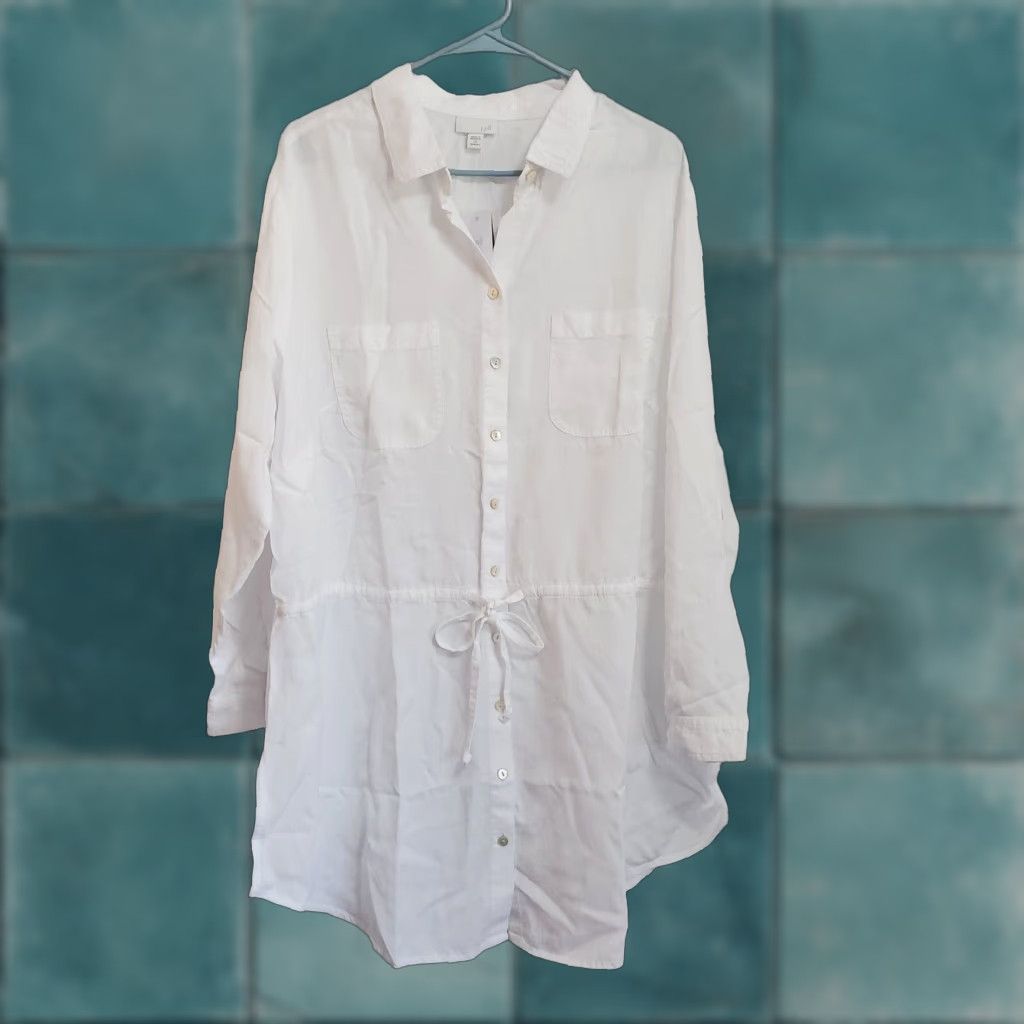 J. Jill J Jill Shirt Dress Women 2X White Tencel Button Front Tie Waist Roll Tab Sleeve Size XXL / US 16-18 / IT 52-54 - 1 Thumbnail