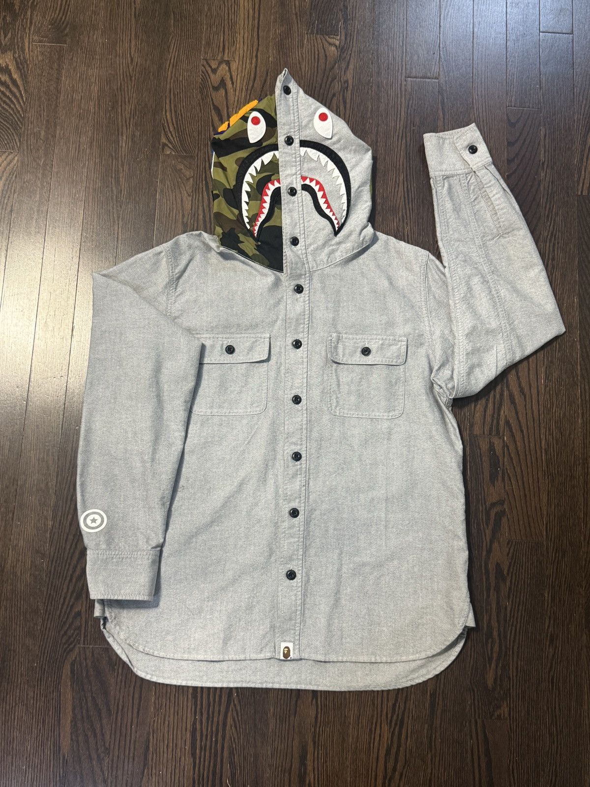 Bape Grey BAPE Shark Hooded Denim Shirt Size US L / EU 52-54 / 3 - 1 Thumbnail
