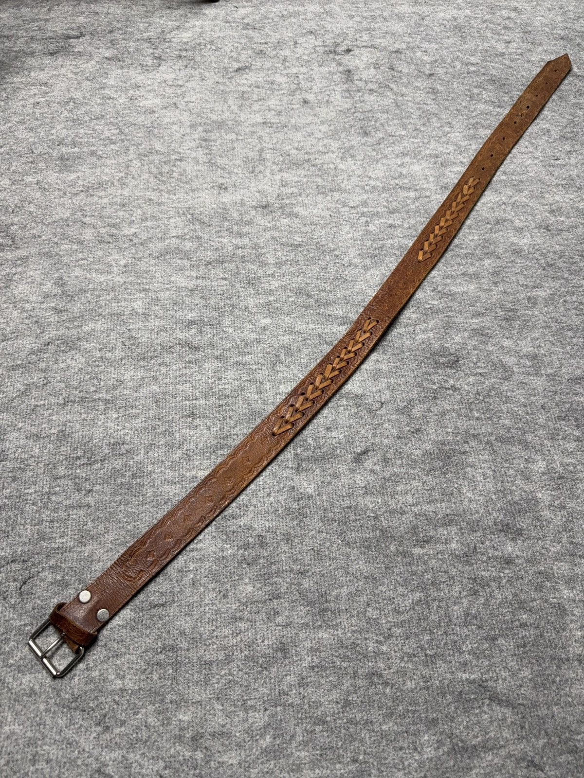 Vintage 90s Vintage Brown Tooled Leather Belt Braided Detail Western Size ONE SIZE - 5 Thumbnail