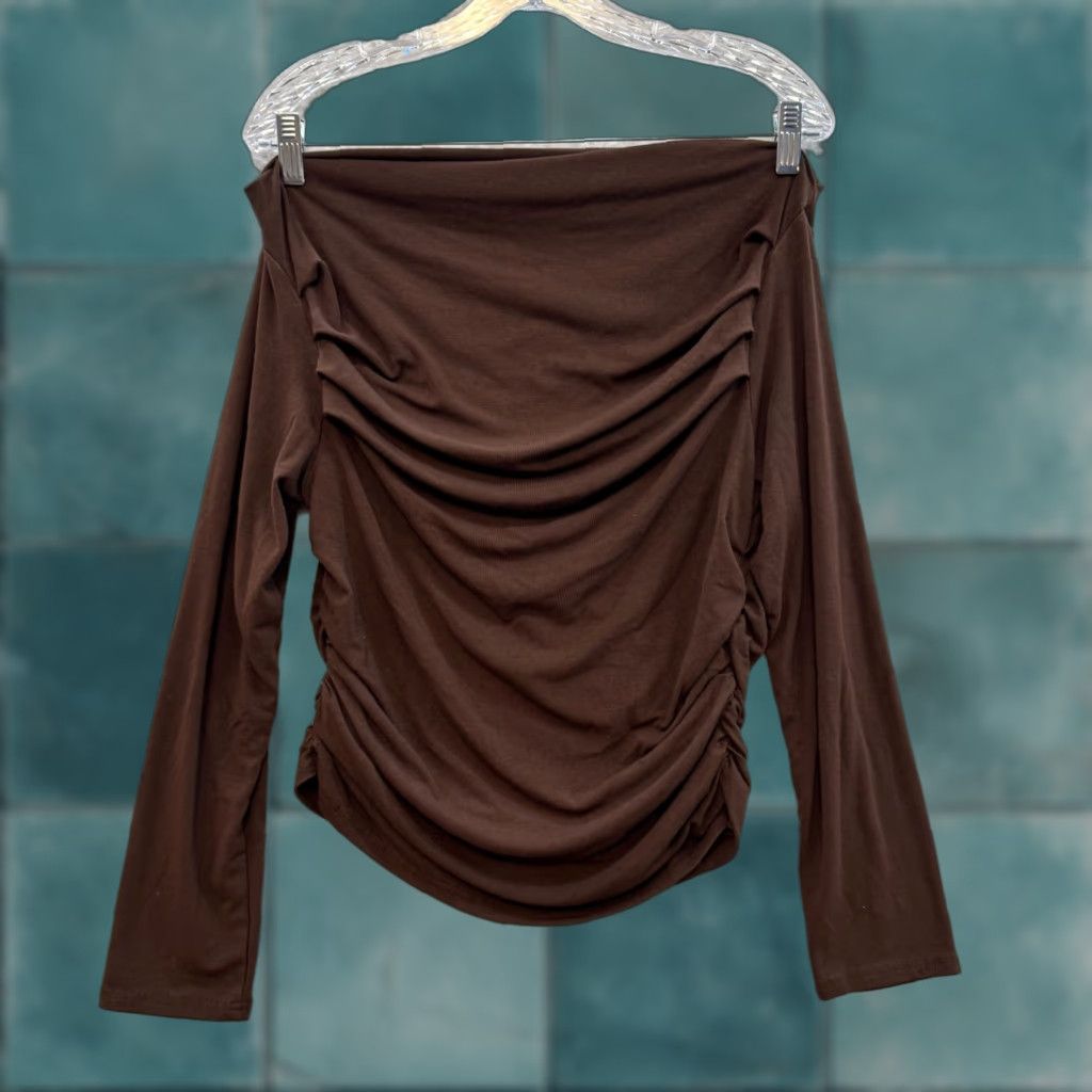 Vintage VINTAGE Y2K Off Shoulder Top XL Brown Ruched Boho Fairy Grunge Whimsigoth Shirt XL Brown Boho Fairy Grunge Whimsigoth Mens Womens Girls Boys Size XL / US 12-14 / IT 48-50 - 1 Thumbnail