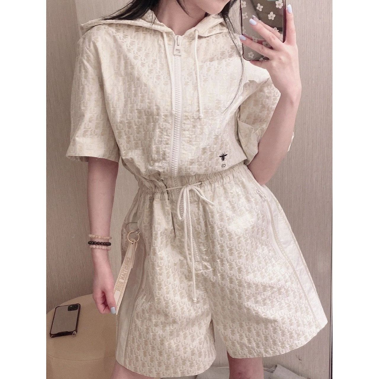 Dior Christian Dior Womens Ivory & Gold Monogram Hooded Short-Sle Size XS / US 0-2 / IT 36-38 - 8 Thumbnail