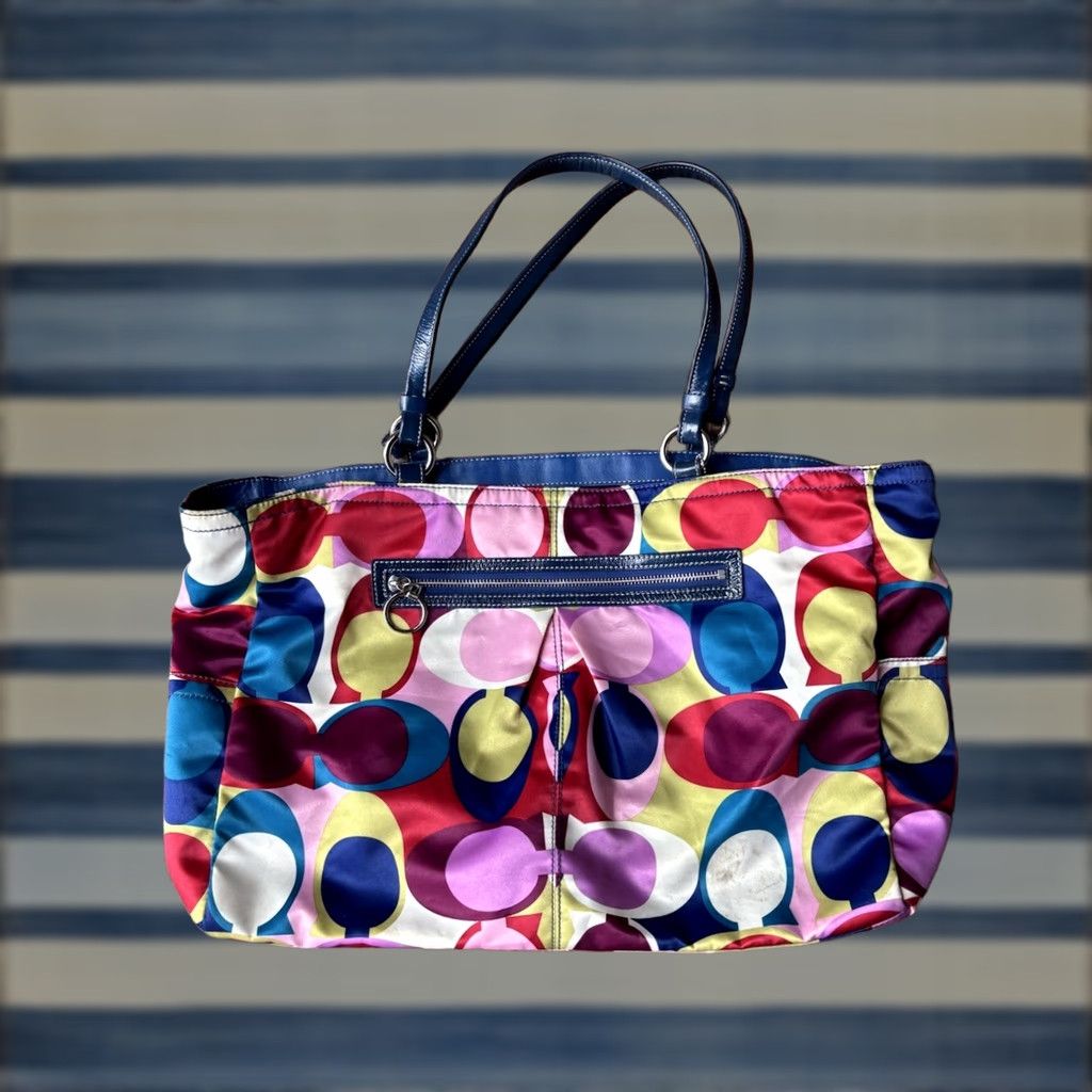 Coach Coach Poppy Signature Sateen Large Tote Shoulder Bag Scarf Print Bag Charm Multicolor Satin Leather Blue Handles Womens Shoulder Bag Medium Size ONE SIZE - 1 Thumbnail
