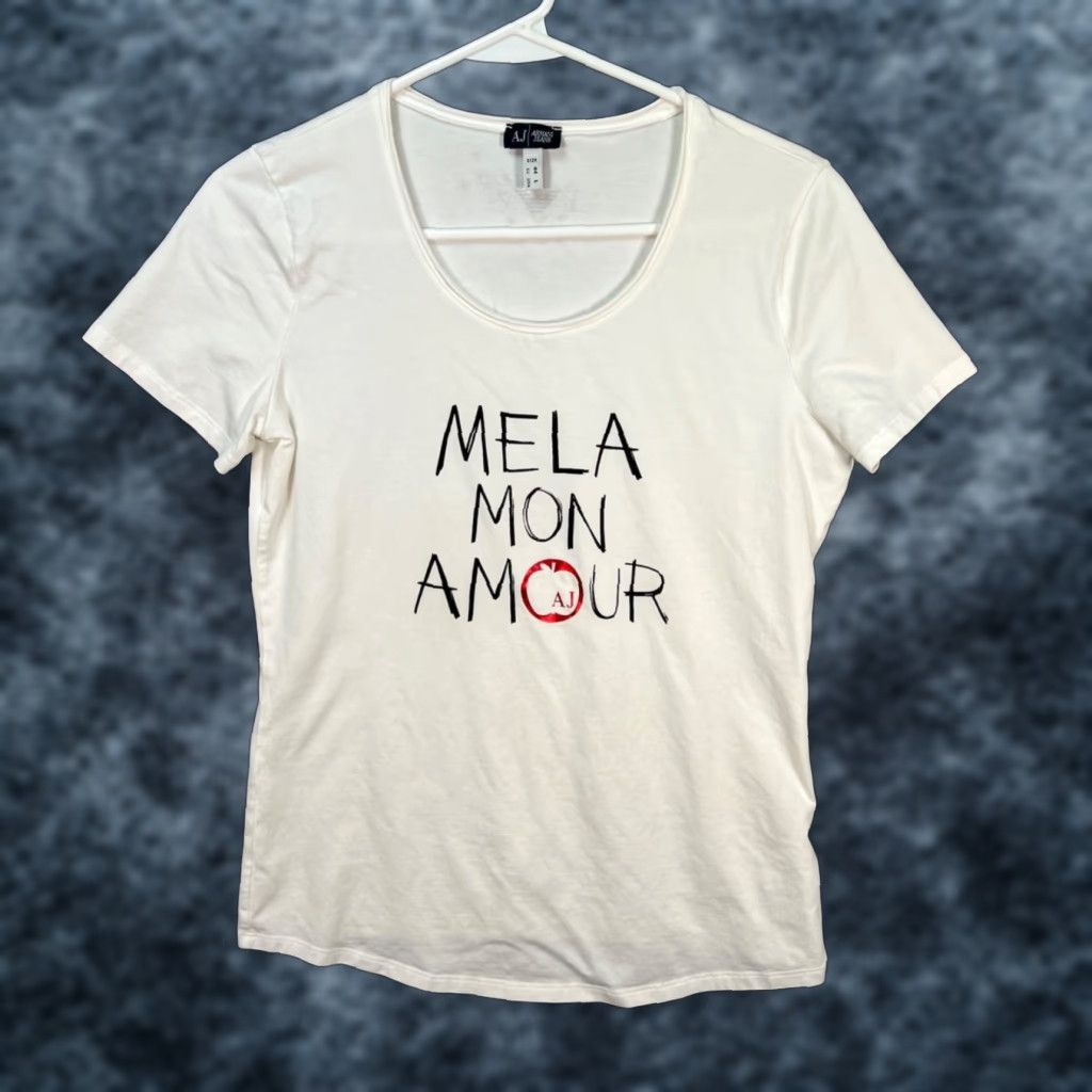 Vintage Armani Jeans Womens T-Shirt White Mela Mon Amour Graphic Tee Size L Size L / US 10 / IT 46 - 1 Thumbnail