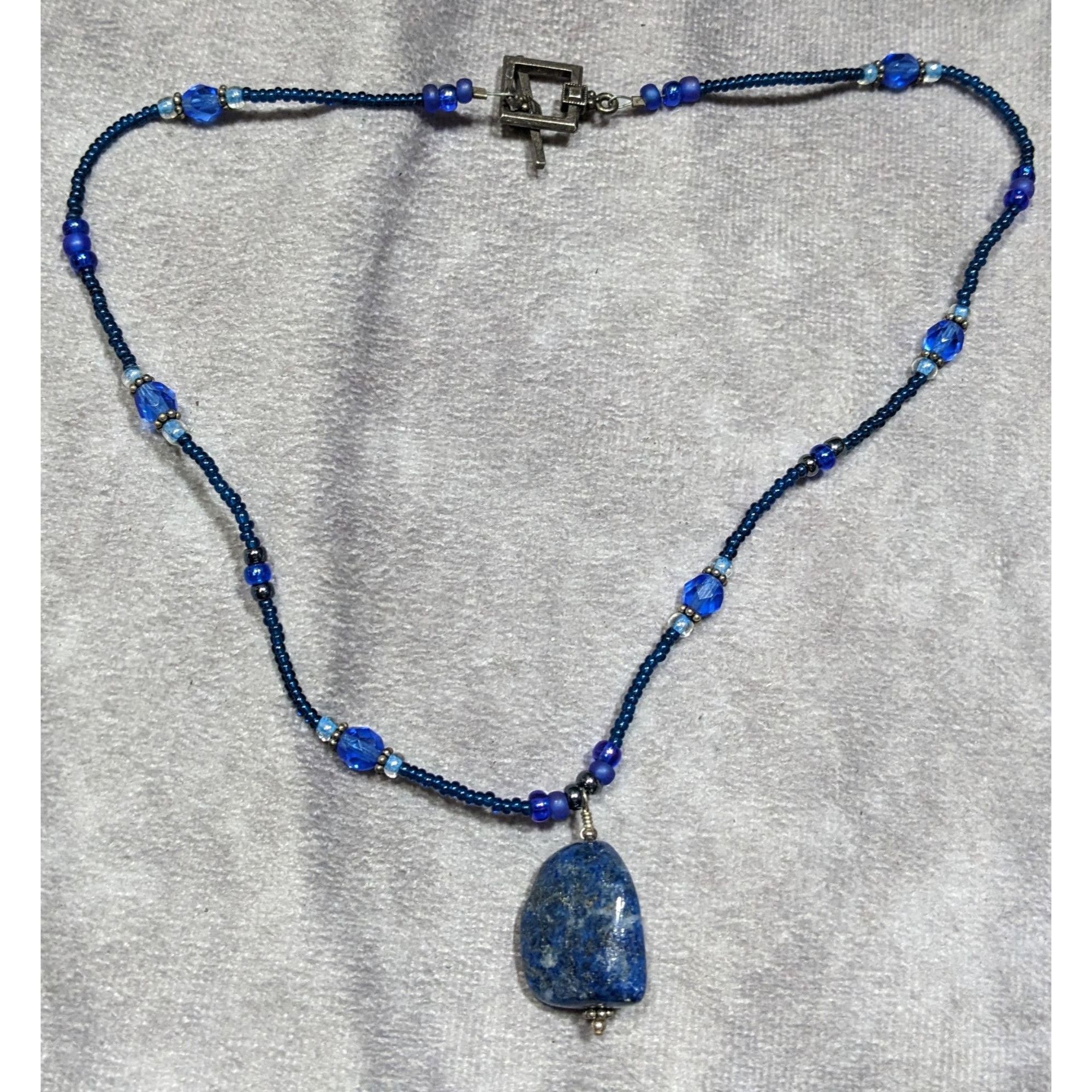 Handmade Blue Beaded Necklace With Lapis Lazuli Stone Pendant & Toggl Size ONE SIZE - 5 Thumbnail