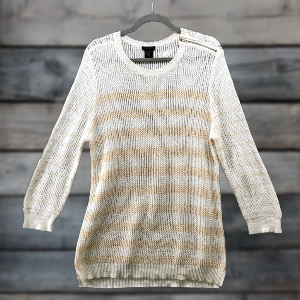 Ann Taylor Ann Taylor Open Knit Tunic Sweater Womens XL Crewneck Ivory Beige Striped Cotton Size XL / US 12-14 / IT 48-50 - 1 Thumbnail