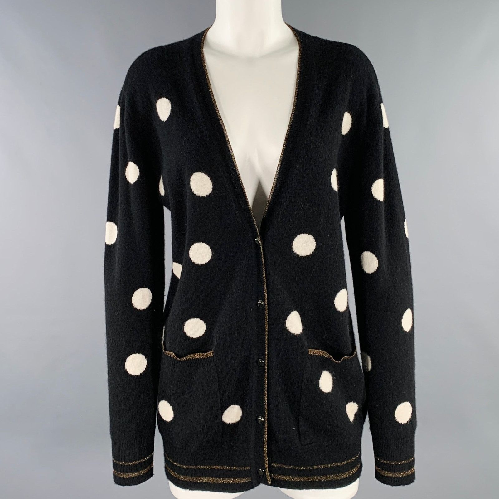 Le Superbe S Black White Wool Cashmere Polka Dot V-Neck Cardigan Size S / US 4 / IT 40 - 1 Thumbnail