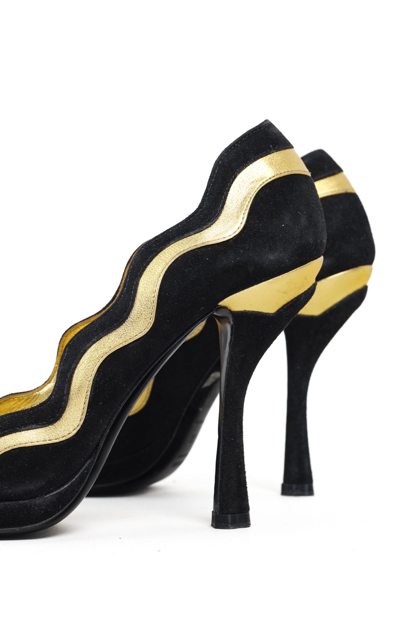 Prada Prada SS/08 Black & Gold Suede Wavy-Stripe Scalloped Heels Size US 6.5 / IT 36.5 - 7 Thumbnail