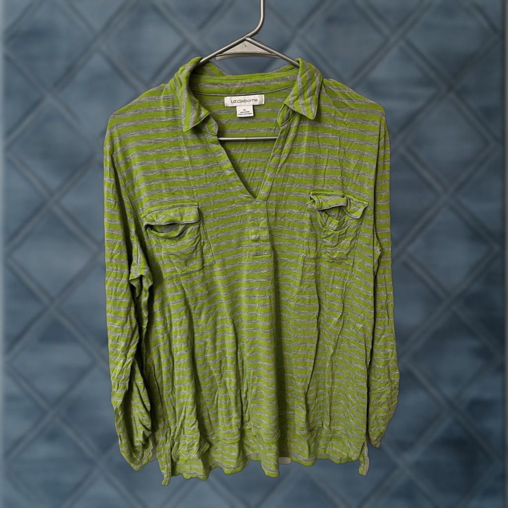 Liz Claiborne Liz Claiborne Womens Polo Shirt Green Striped Long Sleeve Roll Tab Pocket High Low XL Size XL / US 12-14 / IT 48-50 - 1 Thumbnail