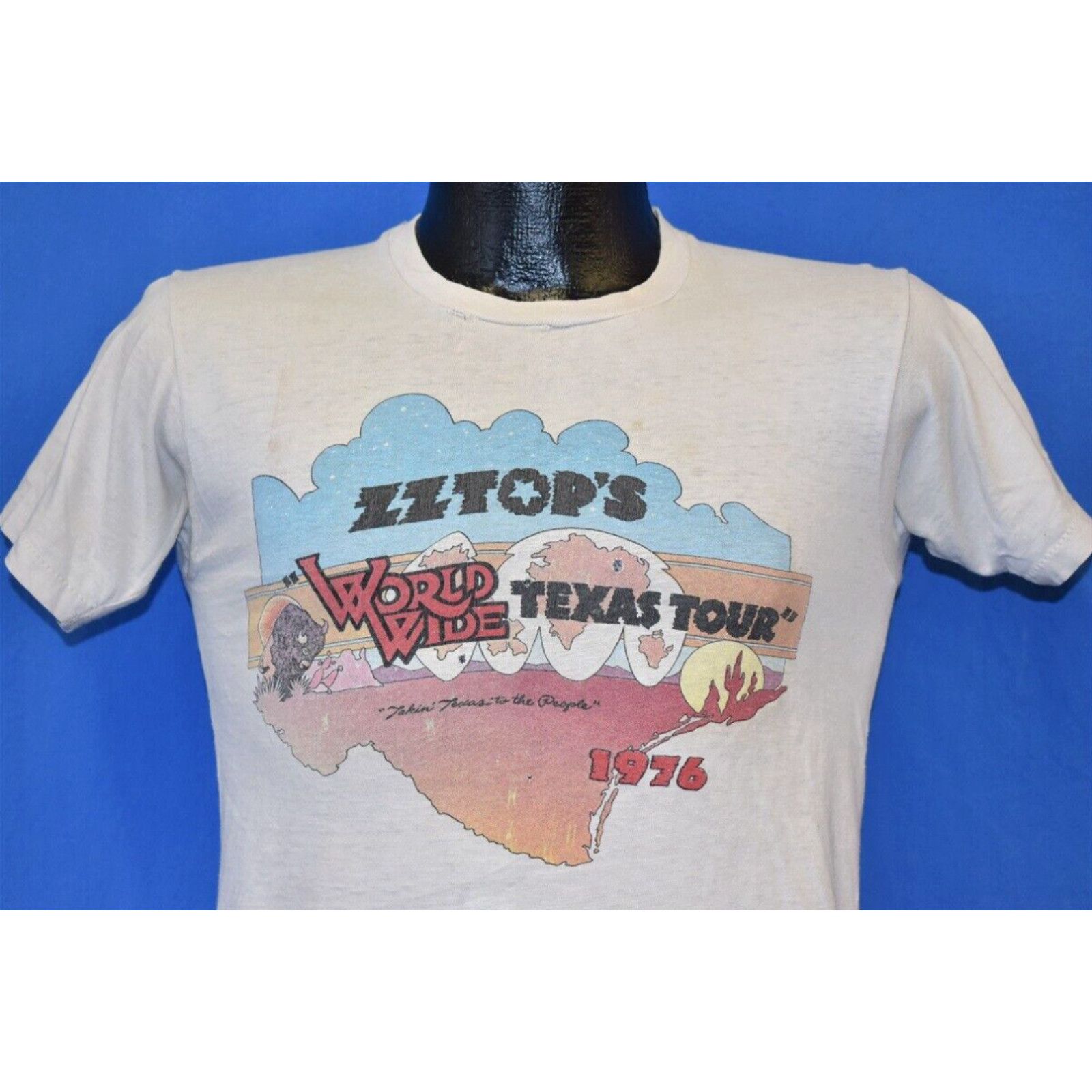 image of Vintage 70's Zz Top World Wide Texas Tour 1976 Beaver Productions T-Shirt Small S in White, Men's