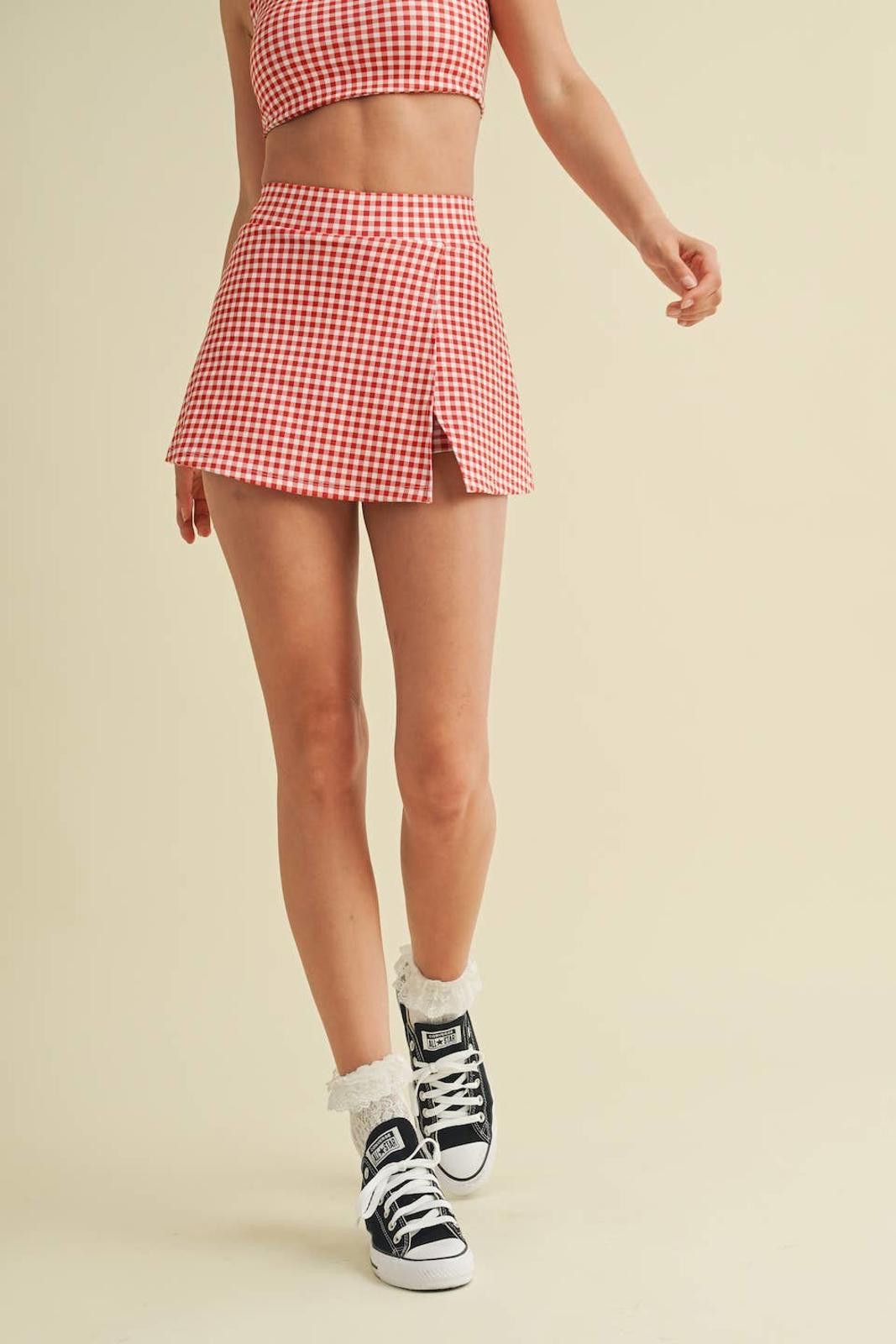 Christian Kimber Gingham Print Side Slit A-Line Skort with Pocket by Kimberly Size ONE SIZE - 6 Thumbnail