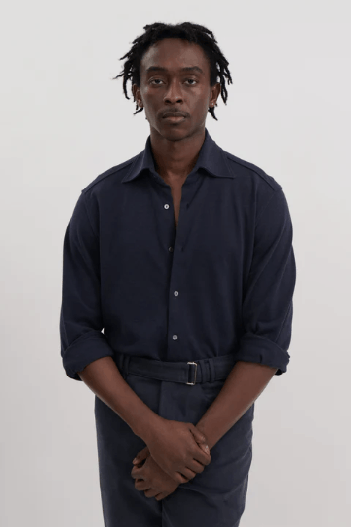 Navy Spread Collar Cotton Pique Shirt