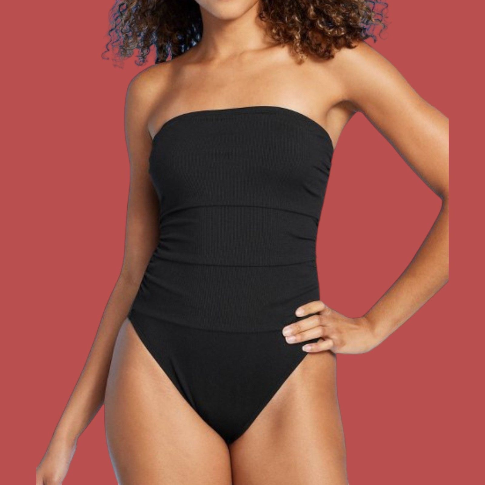 Other Shade & Shore - Women's Shirred Ribbed Bandeau Cheeky One Pi Size ONE SIZE - 1 Thumbnail