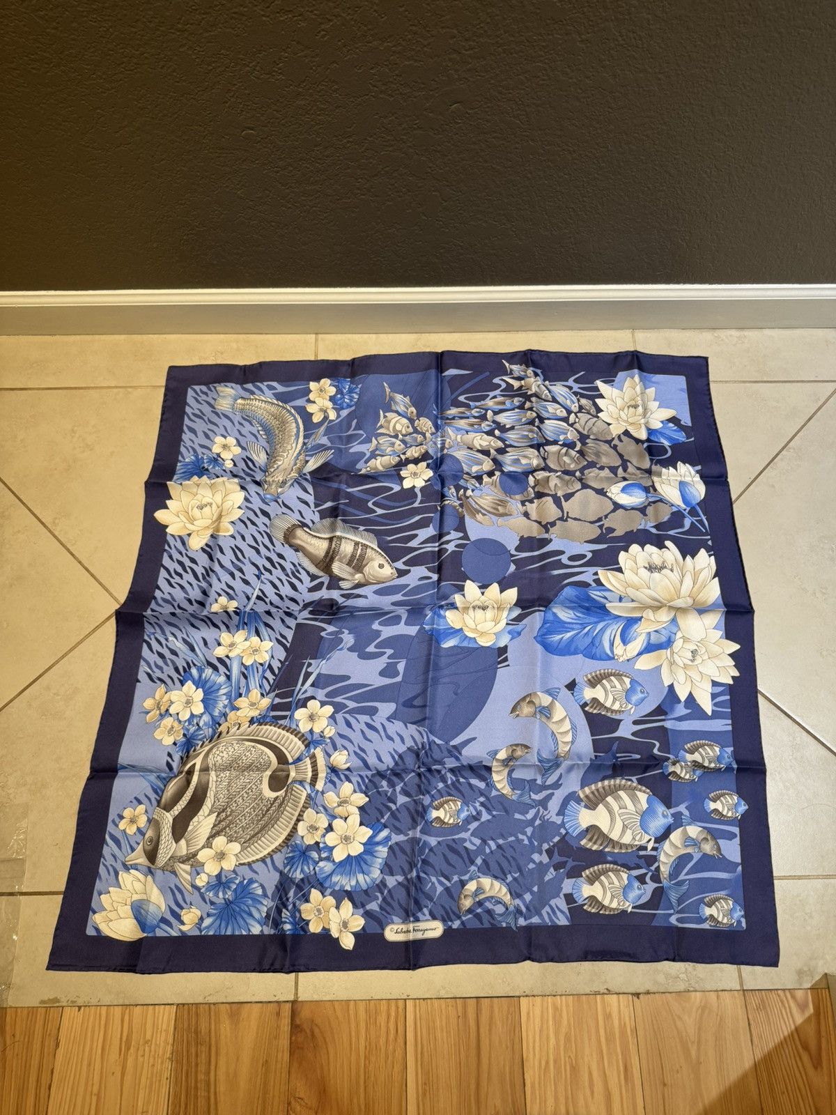 Salvatore Ferragamo Salvatore Ferragamo Blue Fish Sea Silk Scarf Size ONE SIZE - 1 Thumbnail