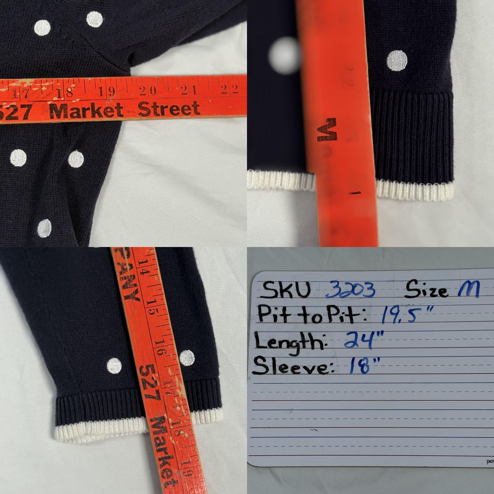 Vintage Christopher & Banks Sweater Cardigan Womens Medium Navy Polka Dot Embroidered Knit V-Neck Raglan Sleeve Button Front Size M / US 6-8 / IT 42-44 - 8 Thumbnail