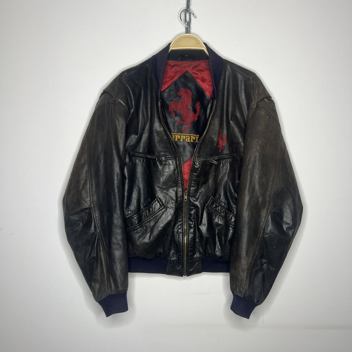 Vintage Ferrari F1 Racing Leather Bomber Jacket 80s RARE