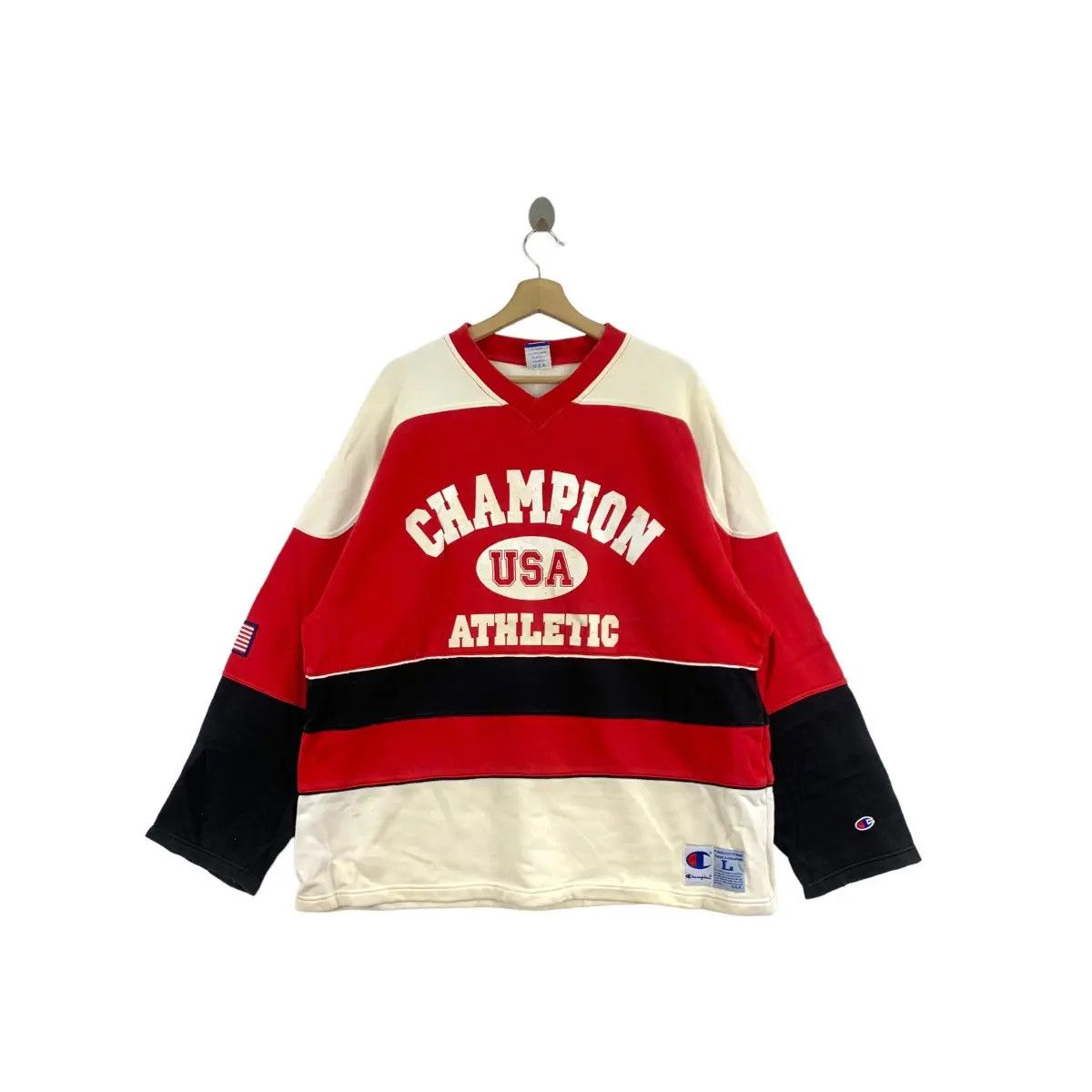 Champion Vintage CHAMPION USA ATHLETIC Striped V Neck Sweatshirt Size L / US 10 / IT 46 - 1 Thumbnail