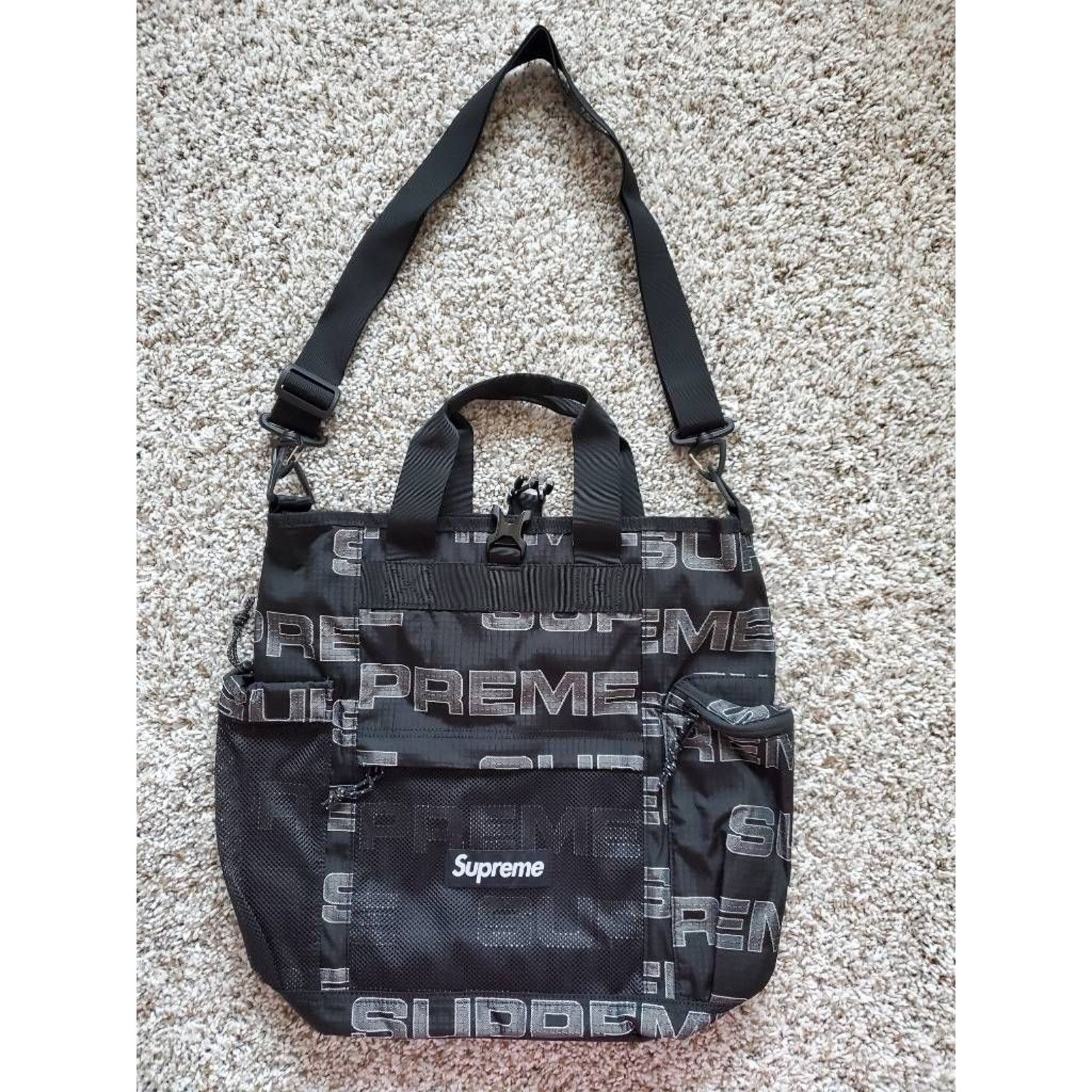 image of Supreme Utility Zip Tote Bag Black White Signature Logo, Men's