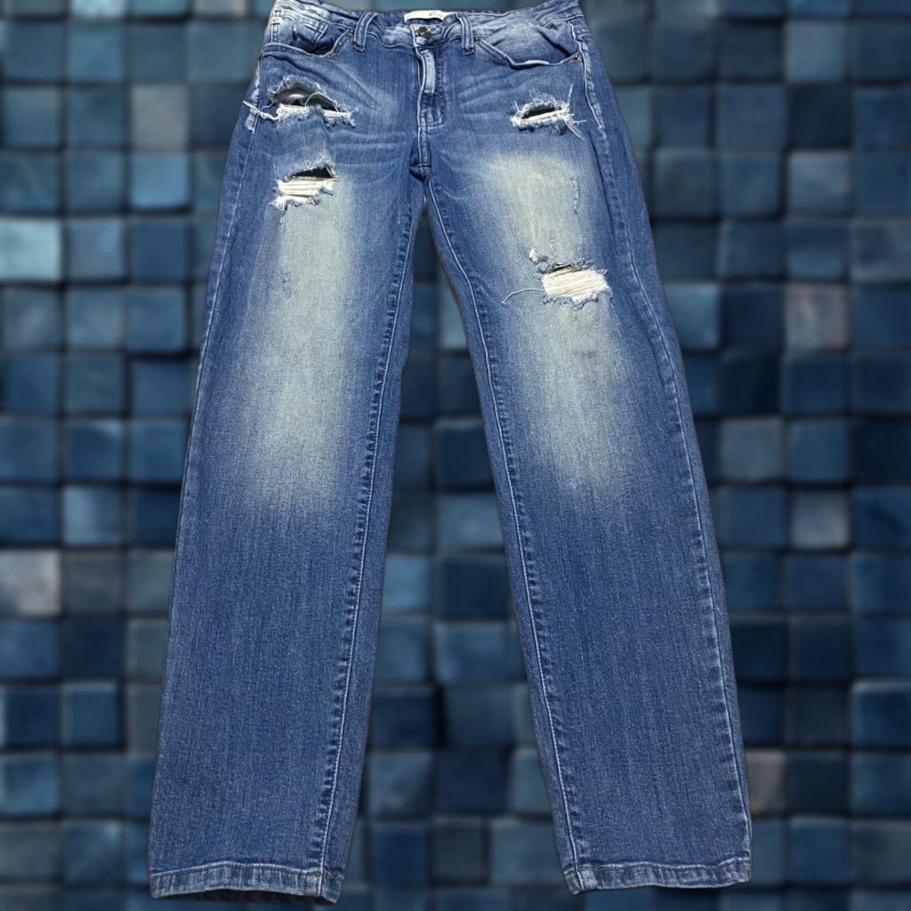 Vintage Kancan Jeans Blue Denim Medium Wash Tapered Distressed Mid Rise Womens 13 Jeans Size 34" / US 12 / IT 48 - 1 Thumbnail