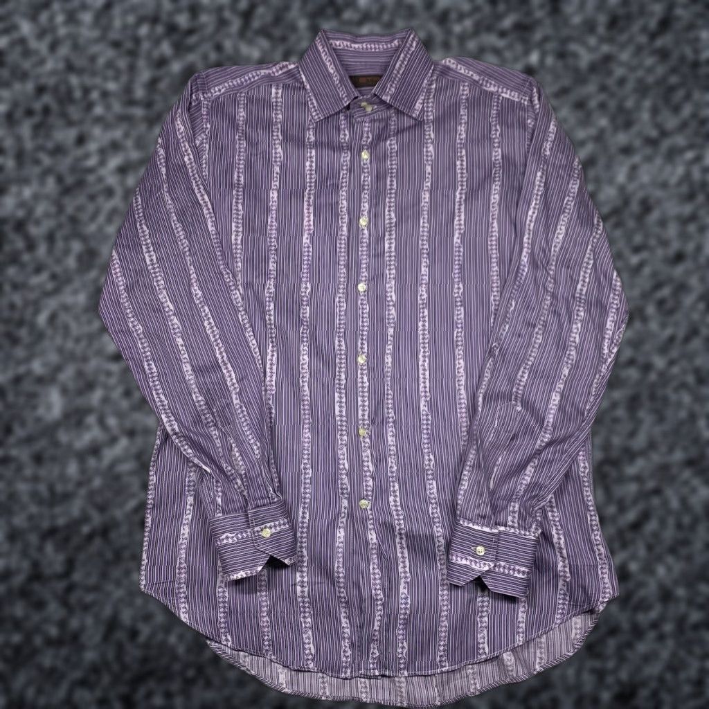 ETRO Striped Button-Up Shirt Mens 40 Purple Long Sleeve Casual Italy