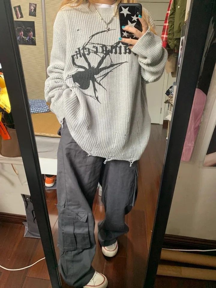 Vintage Sweater Pullover Spider print Gothic Grunge style Hip-hop Size US XL / EU 56 / 4 - 4 Thumbnail