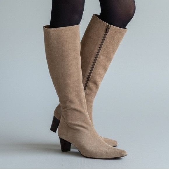 Vintage Boden Beige Suede Leather Heeled Knee-High Boots