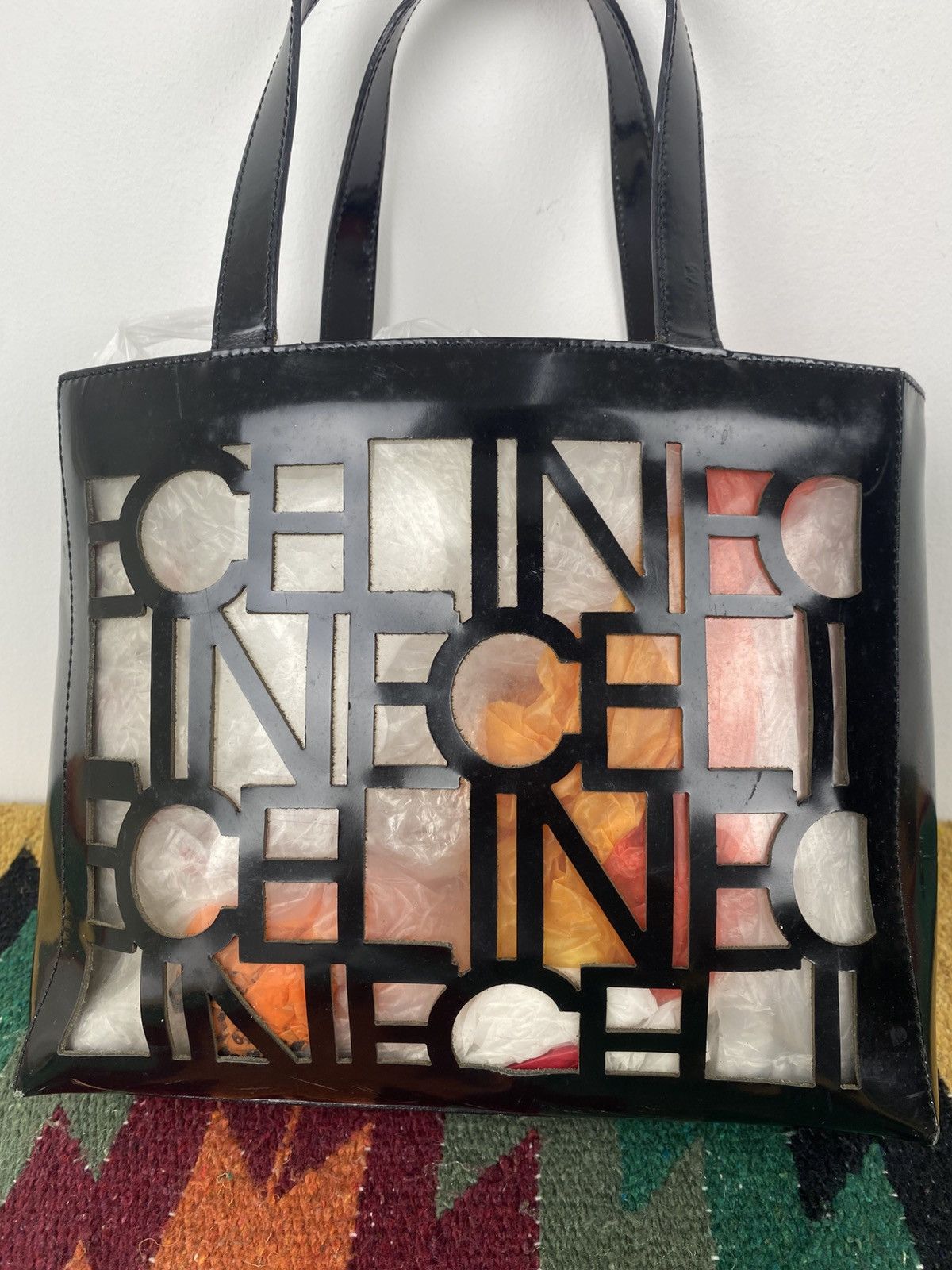 Celine 2000’s Celine Cutout Logo Black Vinyl Shoulder Tote Bag Size ONE SIZE - 12 Thumbnail