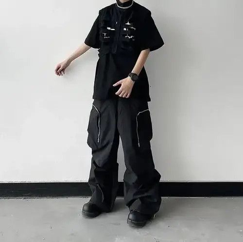 Japanese Brand Baggy Cargo Pants Straight Casual Harajuku Y2K Style Pockets Size US 34 / EU 50 - 3 Thumbnail