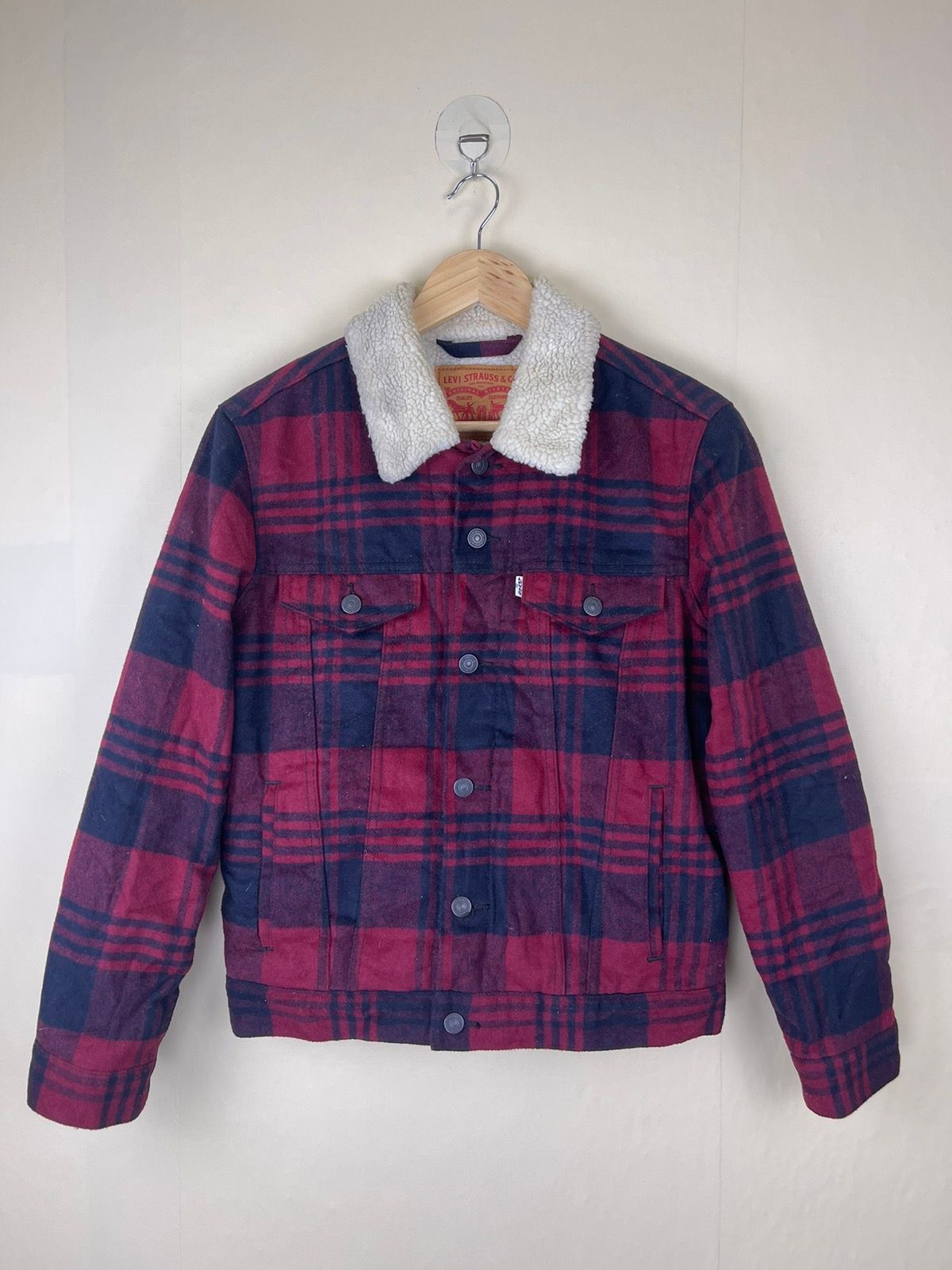 Pre-owned Levis X Levis Vintage Clothing Vintage Levi's Collar Sherpa Red Plaid Trucker Jacket (size Medium)