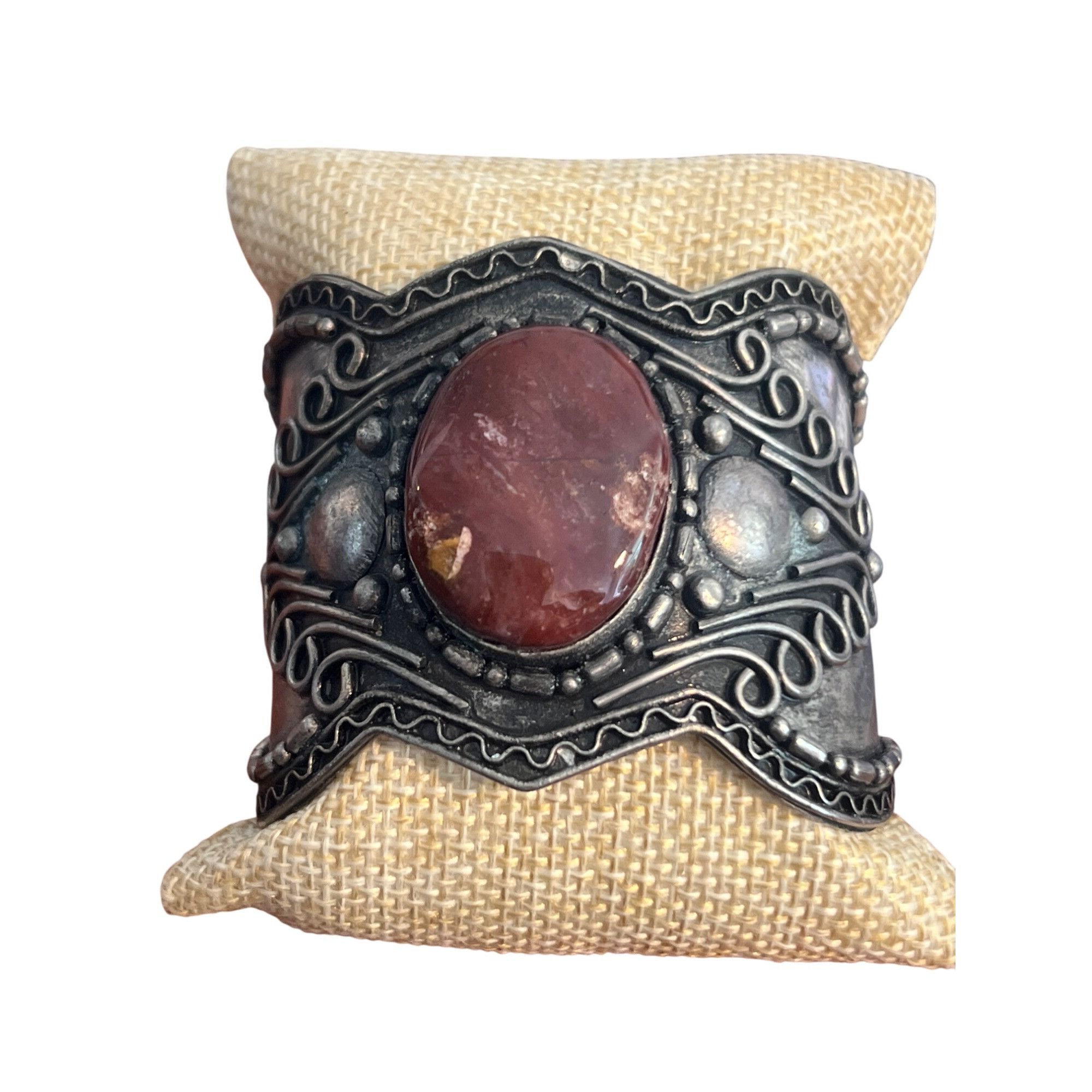Other Vintage Silver Tone Red Jasper Cuff Bracelet Scrollwork Trib Size ONE SIZE - 1 Thumbnail