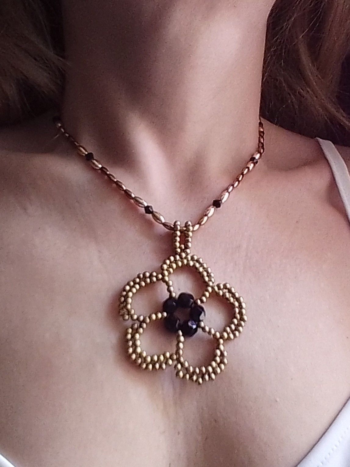 Handmade Necklace Flower pendant Black gemstones Earrings with Bangs Size ONE SIZE - 3 Thumbnail