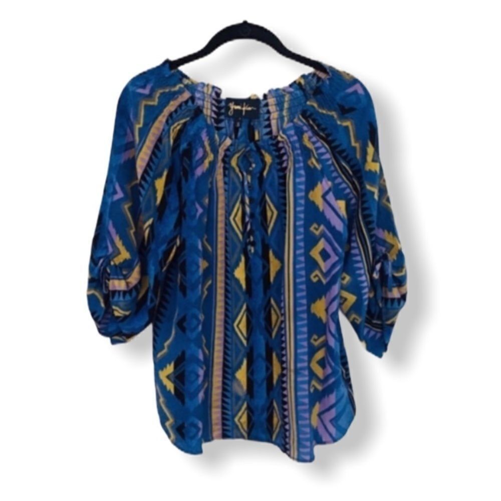 Other Yumi Kim 100% Silk Geometric Peasant Blouse Blue Mustard Pri Size S / US 4 / IT 40 - 1 Thumbnail